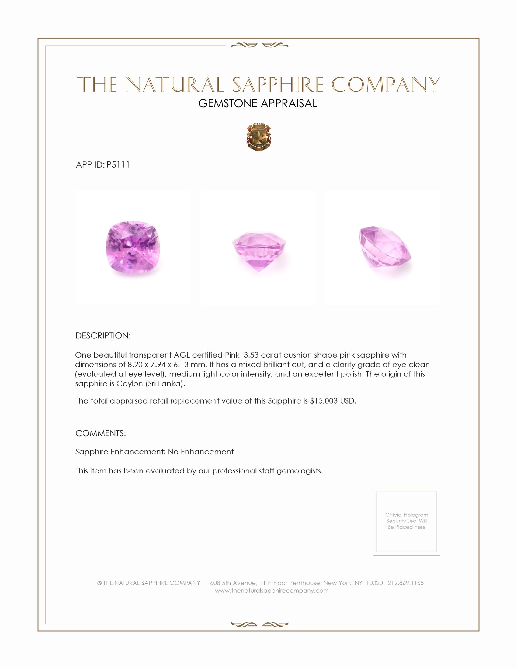 3.53 Ct. Pink Sapphire from Ceylon (Sri Lanka)