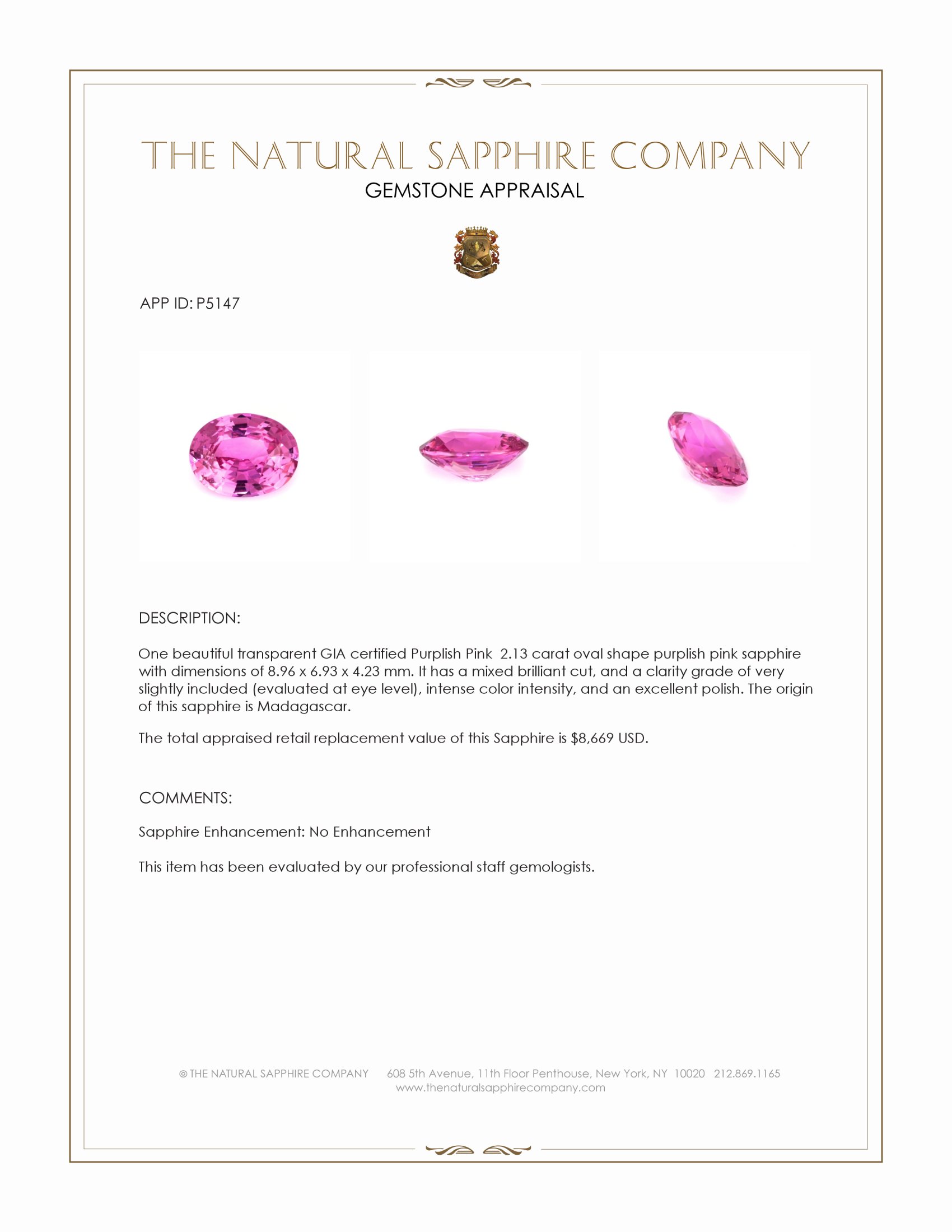 2.13 Ct. Purplish Pink Sapphire from Madagascar