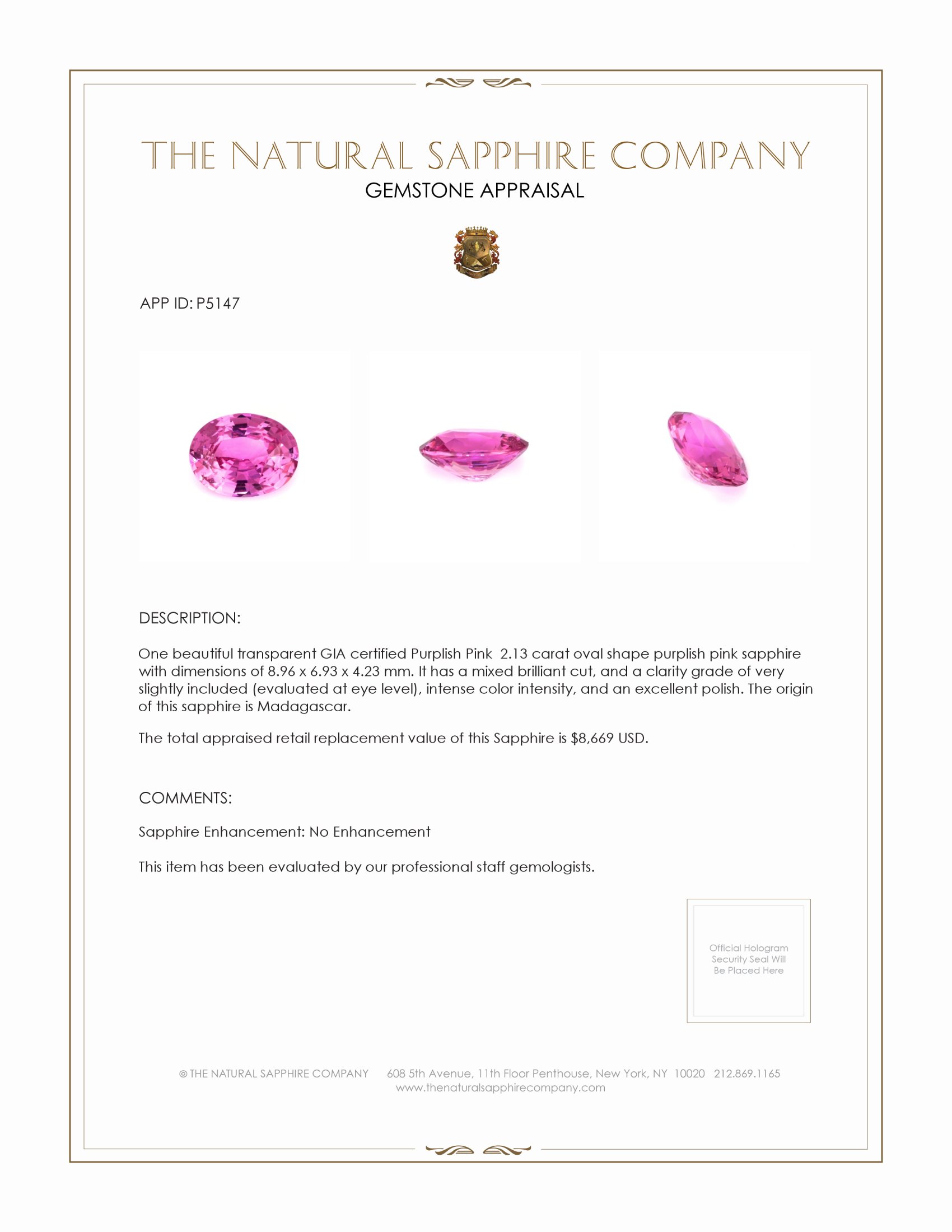2.13 Ct. Purplish Pink Sapphire from Madagascar