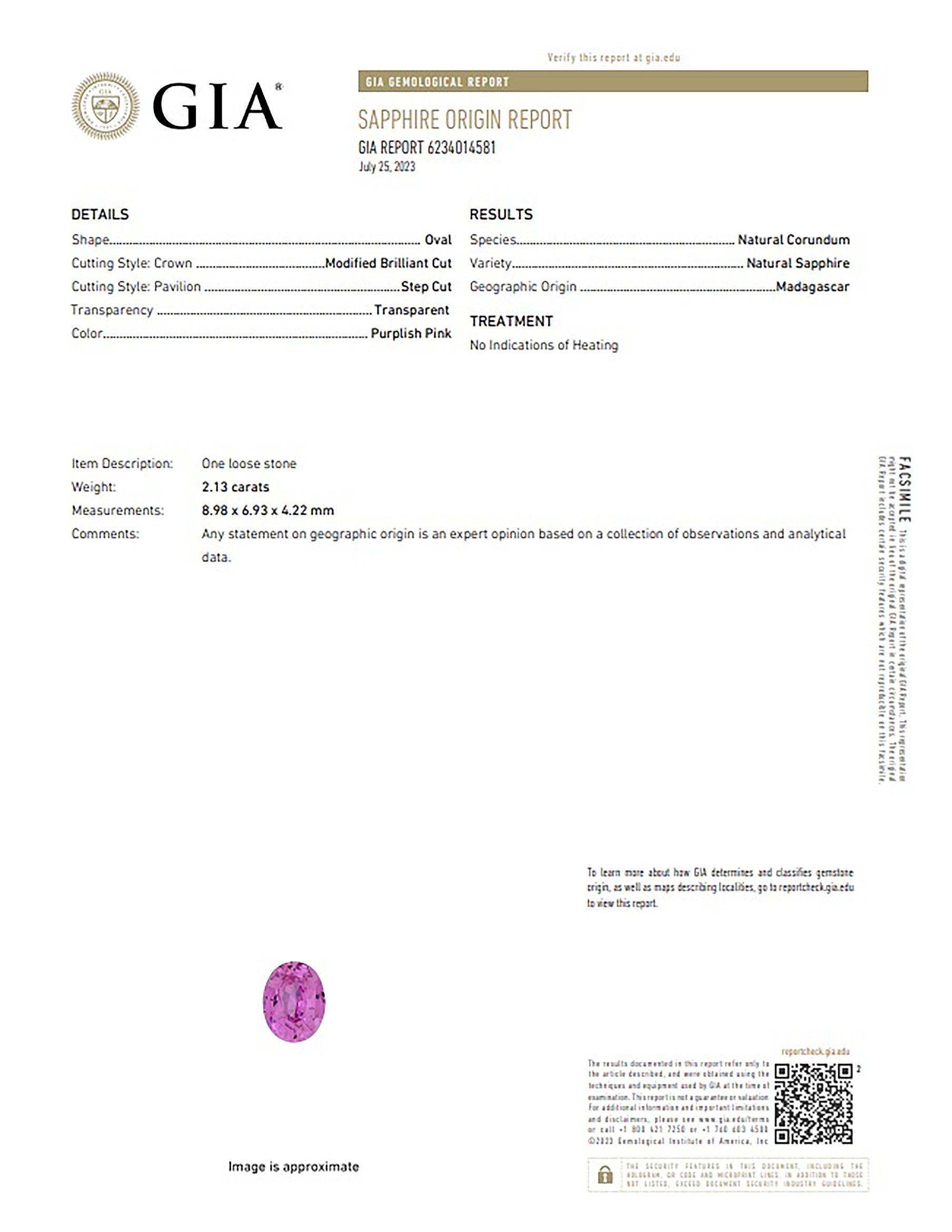 2.13 Ct. Purplish Pink Sapphire from Madagascar