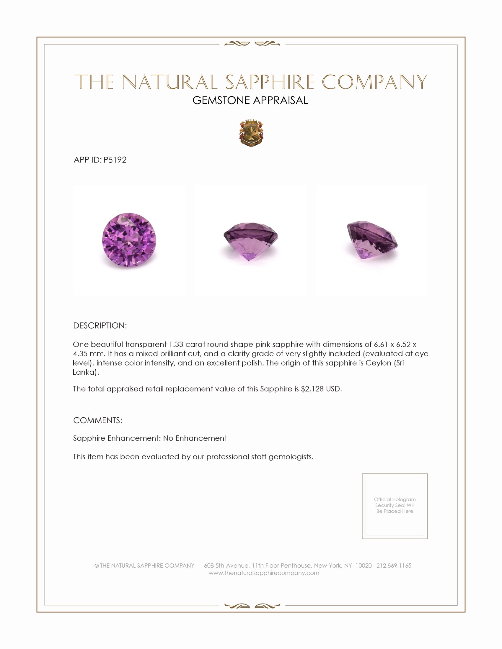 1.33 Ct. Pinkish Purple Sapphire from Ceylon (Sri Lanka)