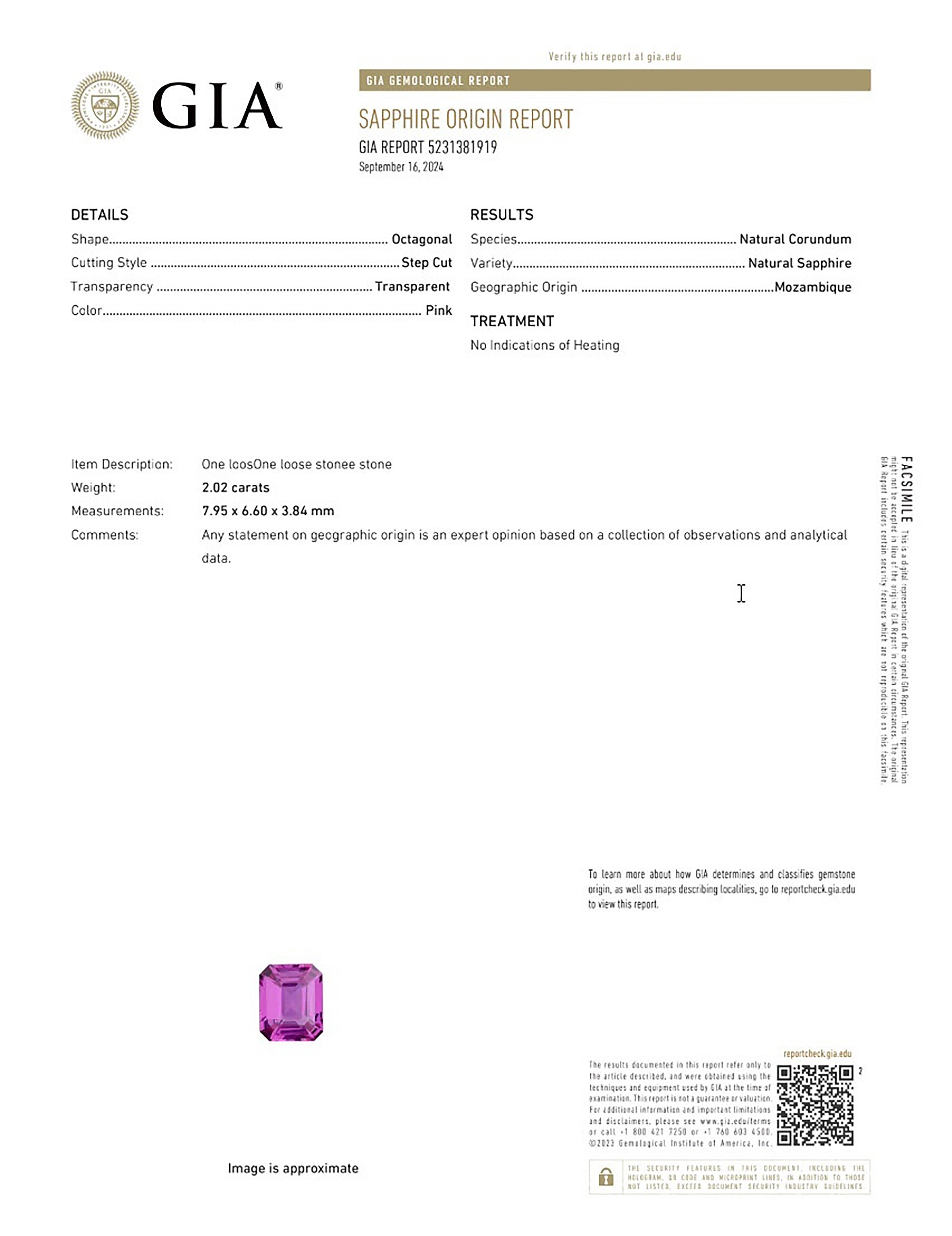 2.02 Ct. Pink Sapphire from Mozambique