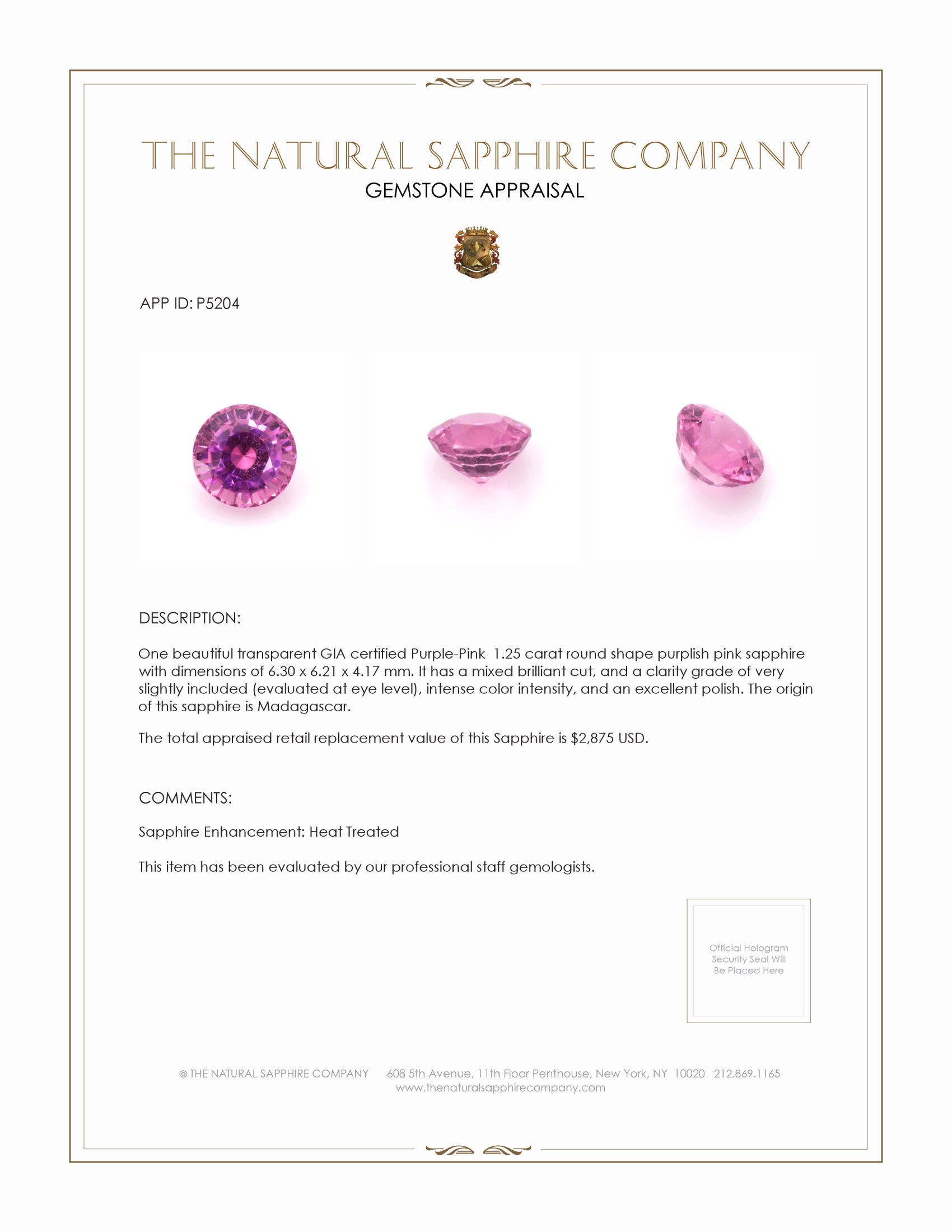 1.25 Ct. Purplish Pink Sapphire from Madagascar