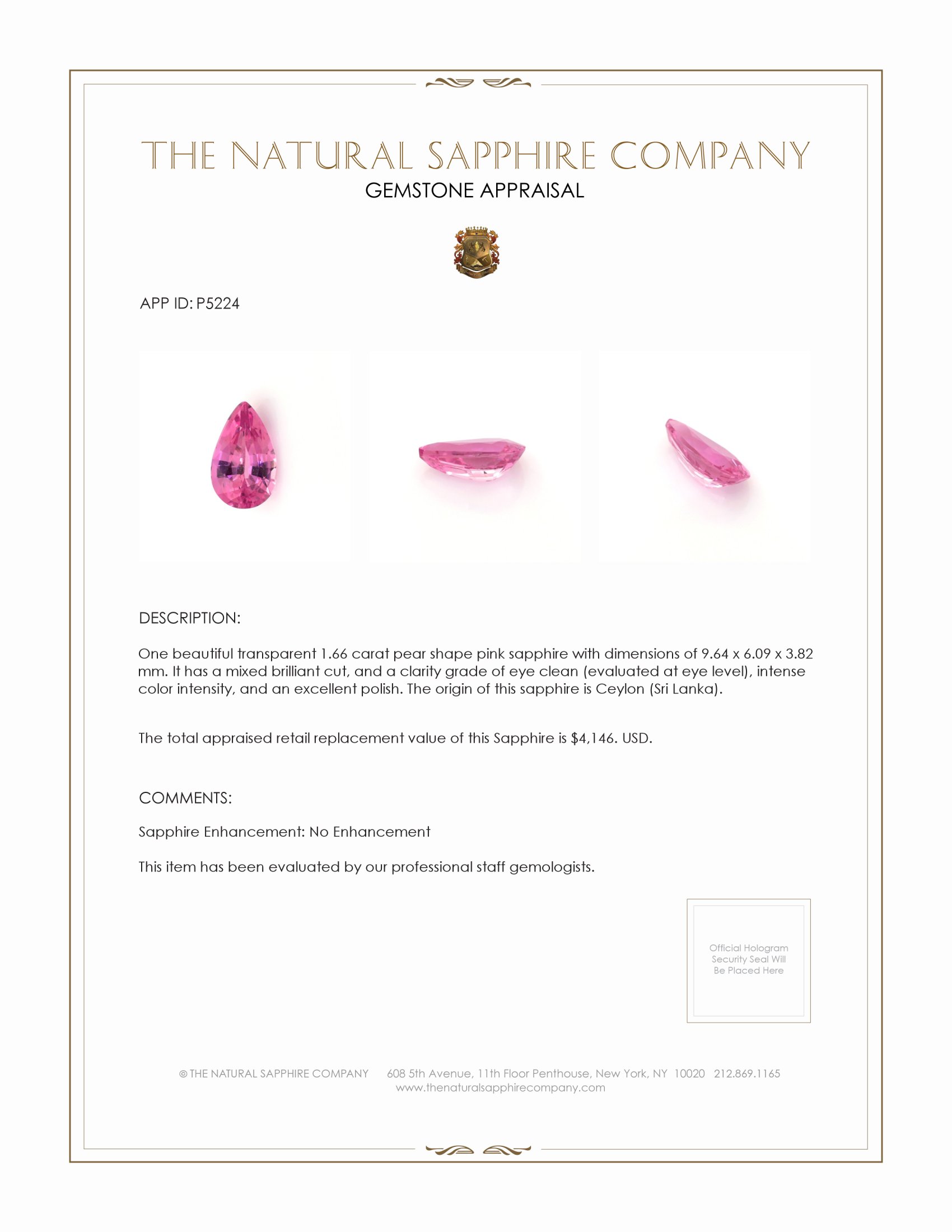 1.66 Ct. Pink Sapphire from Ceylon (Sri Lanka)
