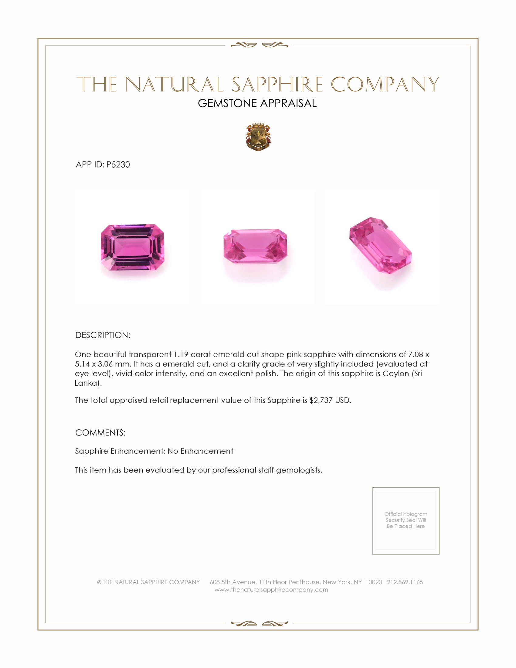 1.19 Ct. Pink Sapphire from Ceylon (Sri Lanka)