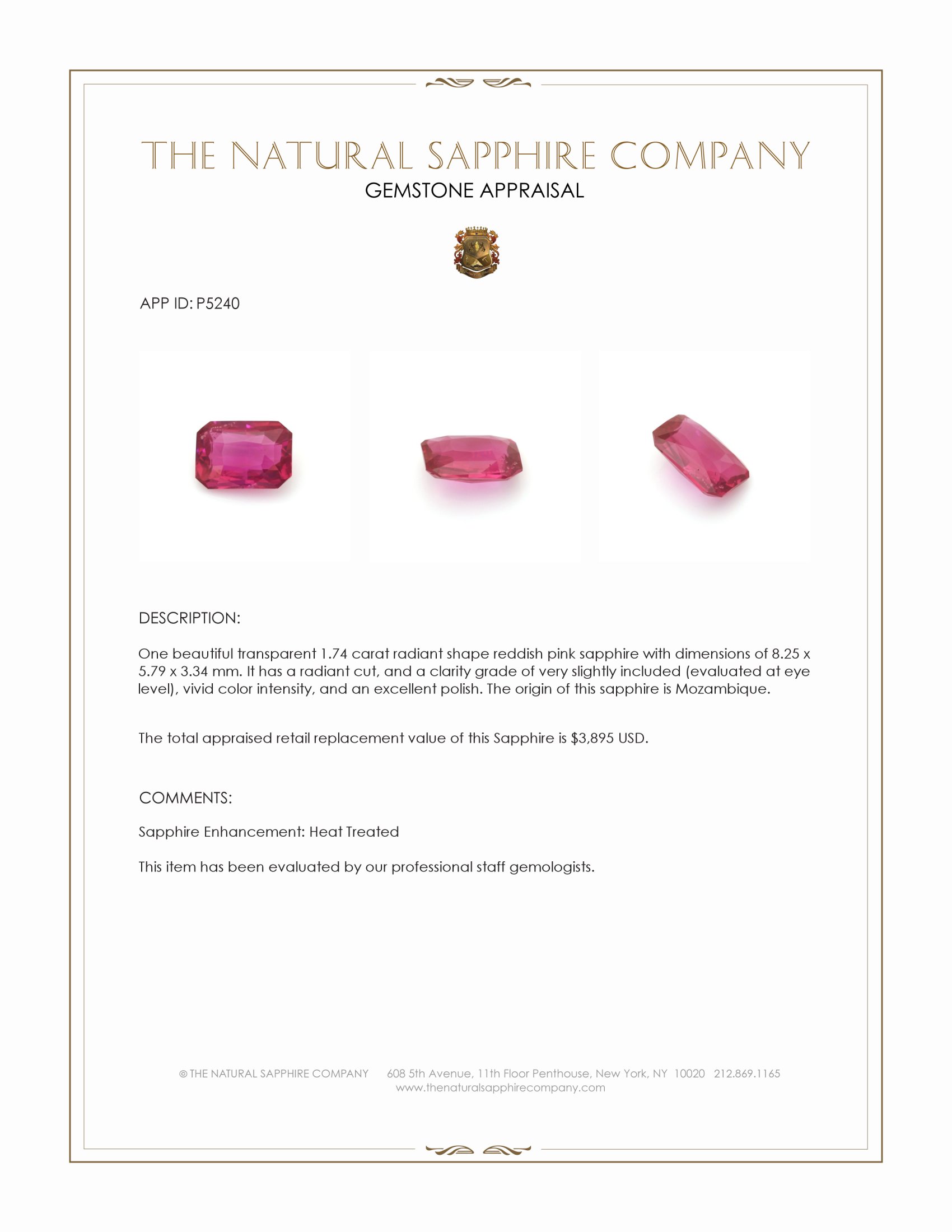 1.74 Ct. Reddish Pink Sapphire from Mozambique