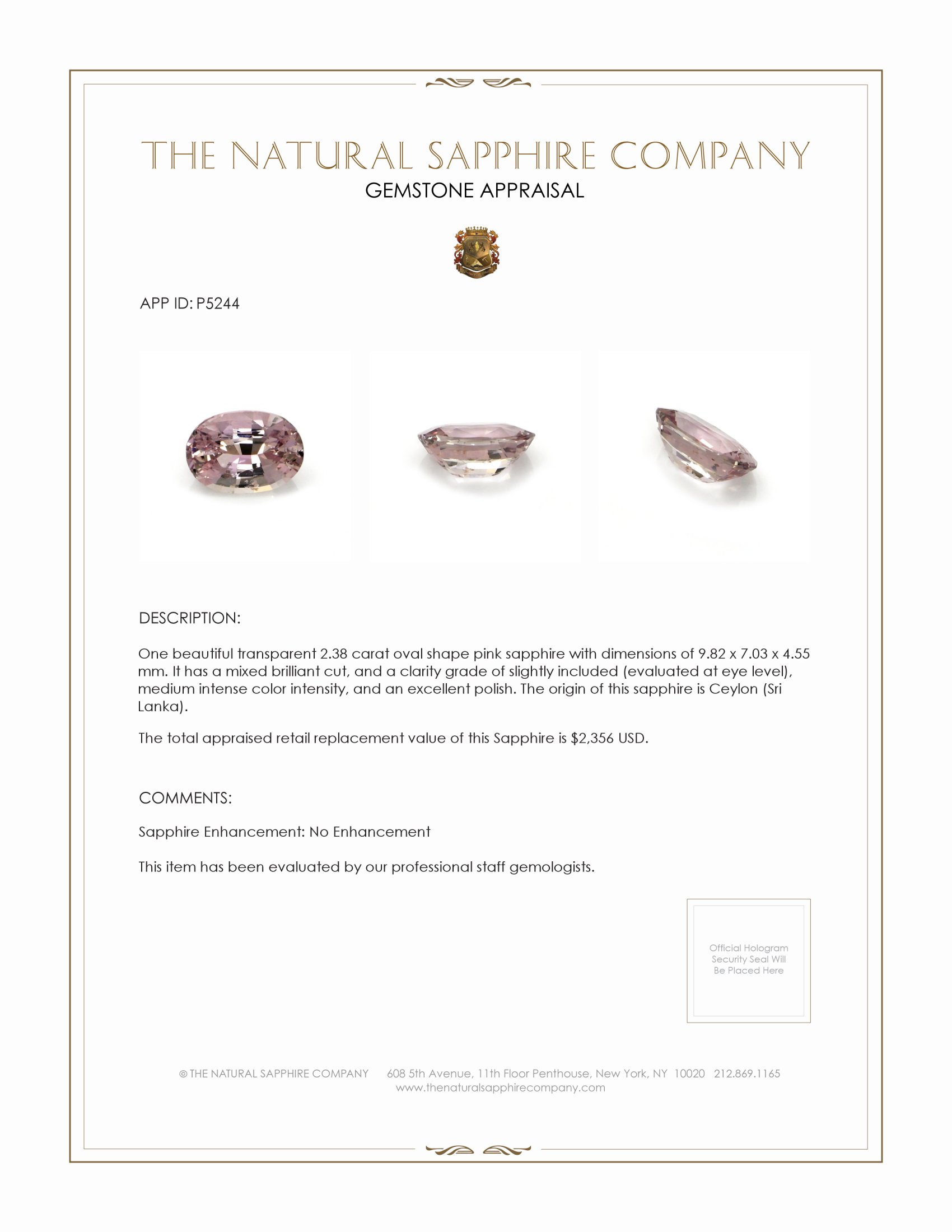 2.38 Ct. Pink Sapphire from Ceylon (Sri Lanka)