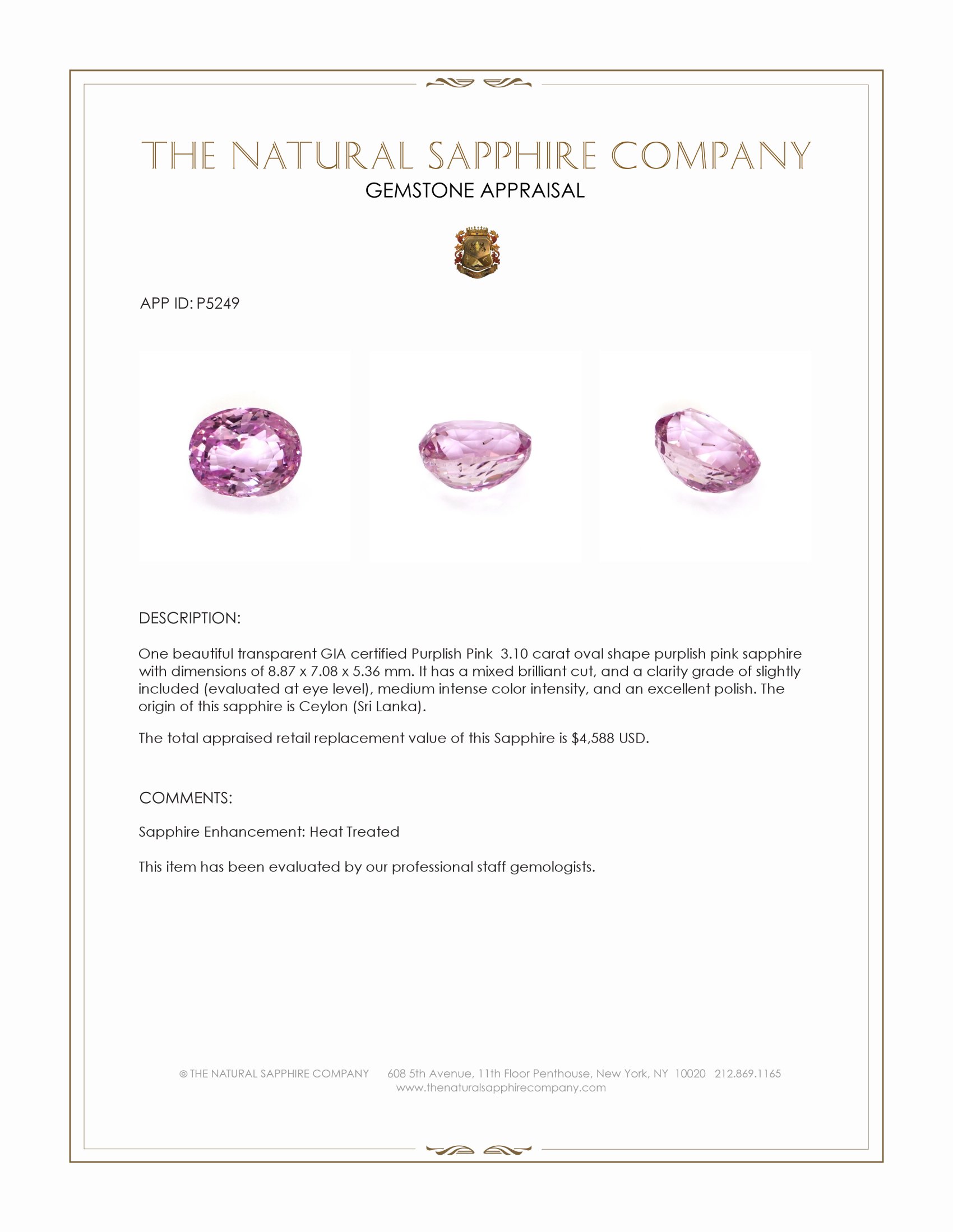 3.10 Ct. Purplish Pink Sapphire from Ceylon (Sri Lanka)
