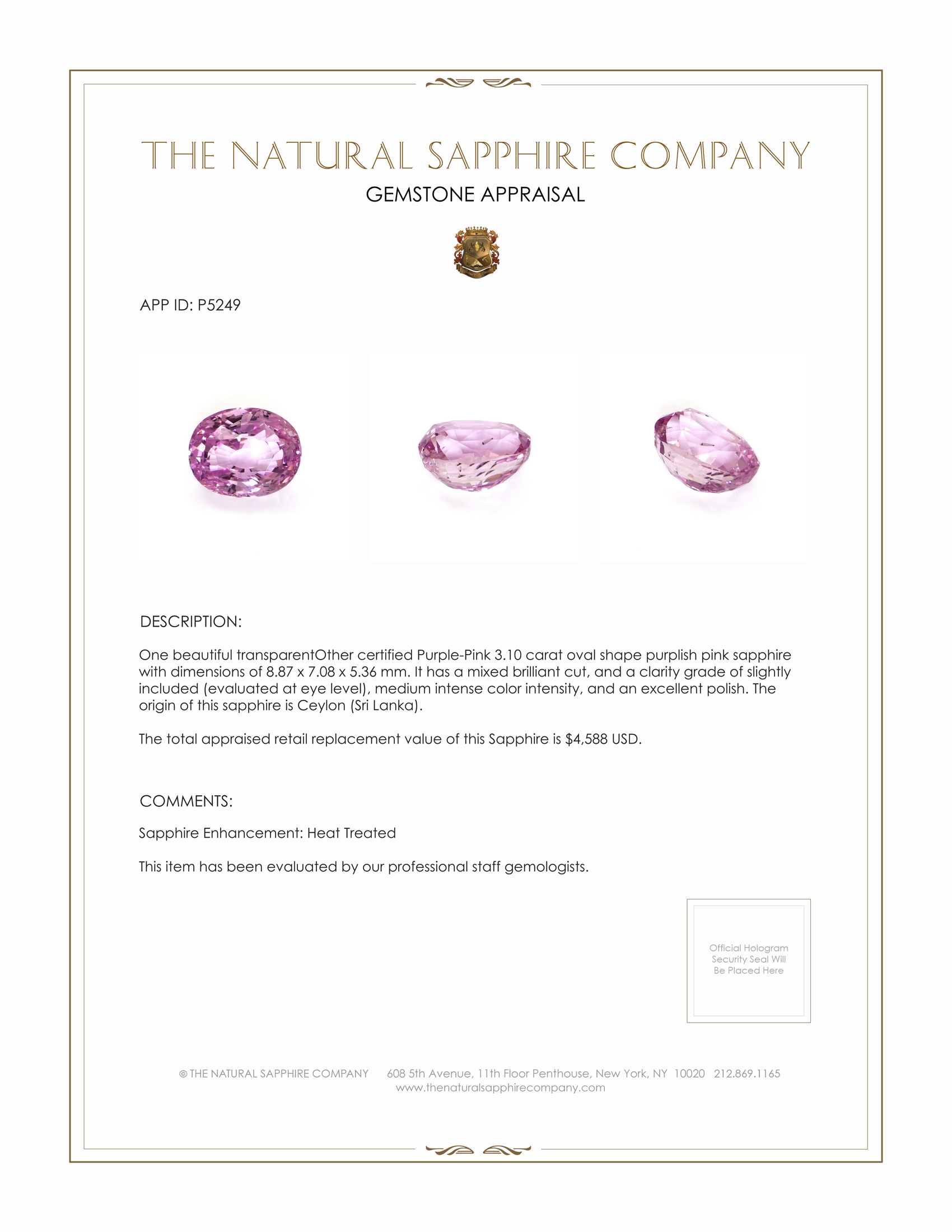 3.10 Ct. Purplish Pink Sapphire from Ceylon (Sri Lanka)
