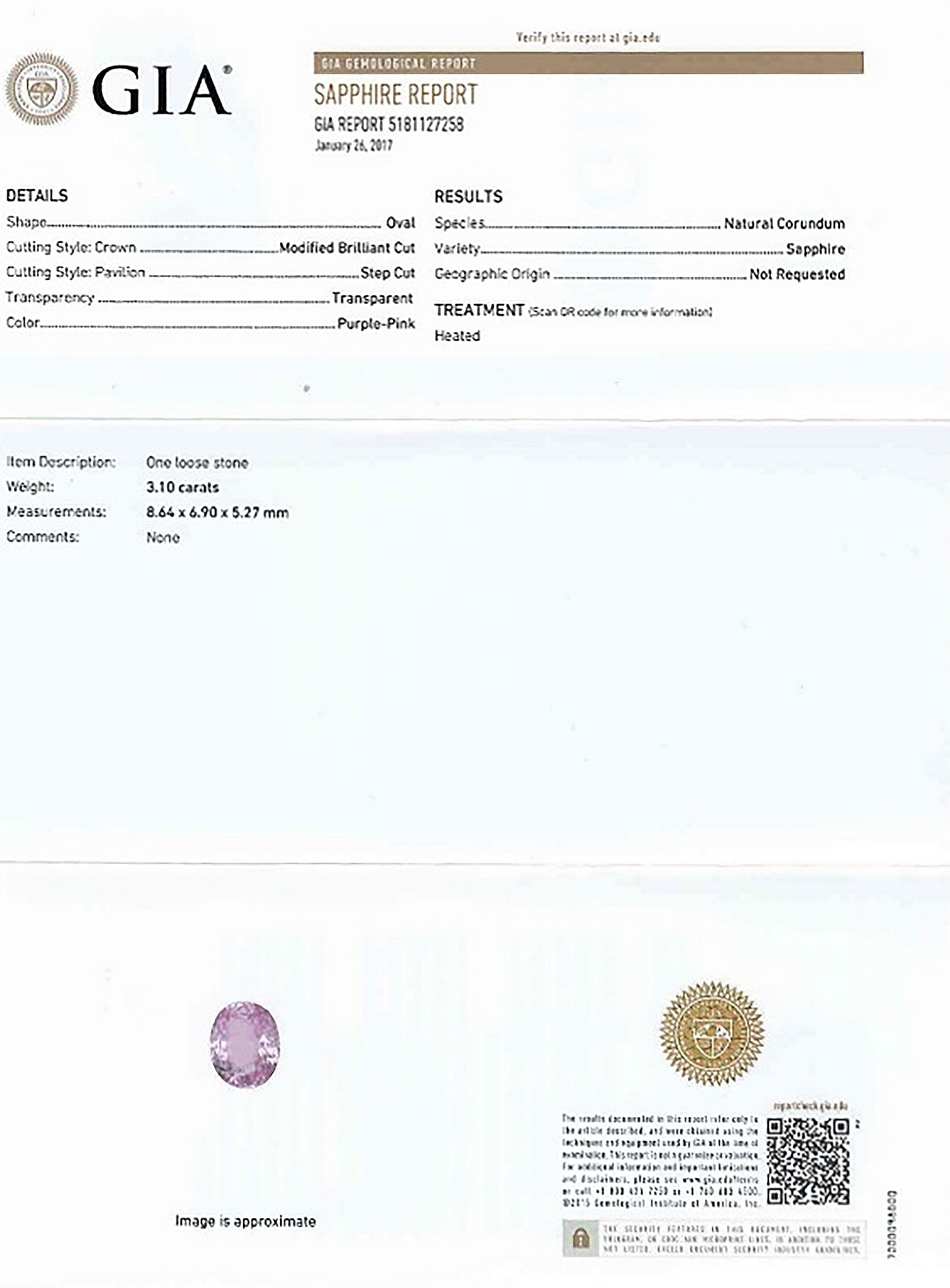 3.10 Ct. Purplish Pink Sapphire from Ceylon (Sri Lanka)