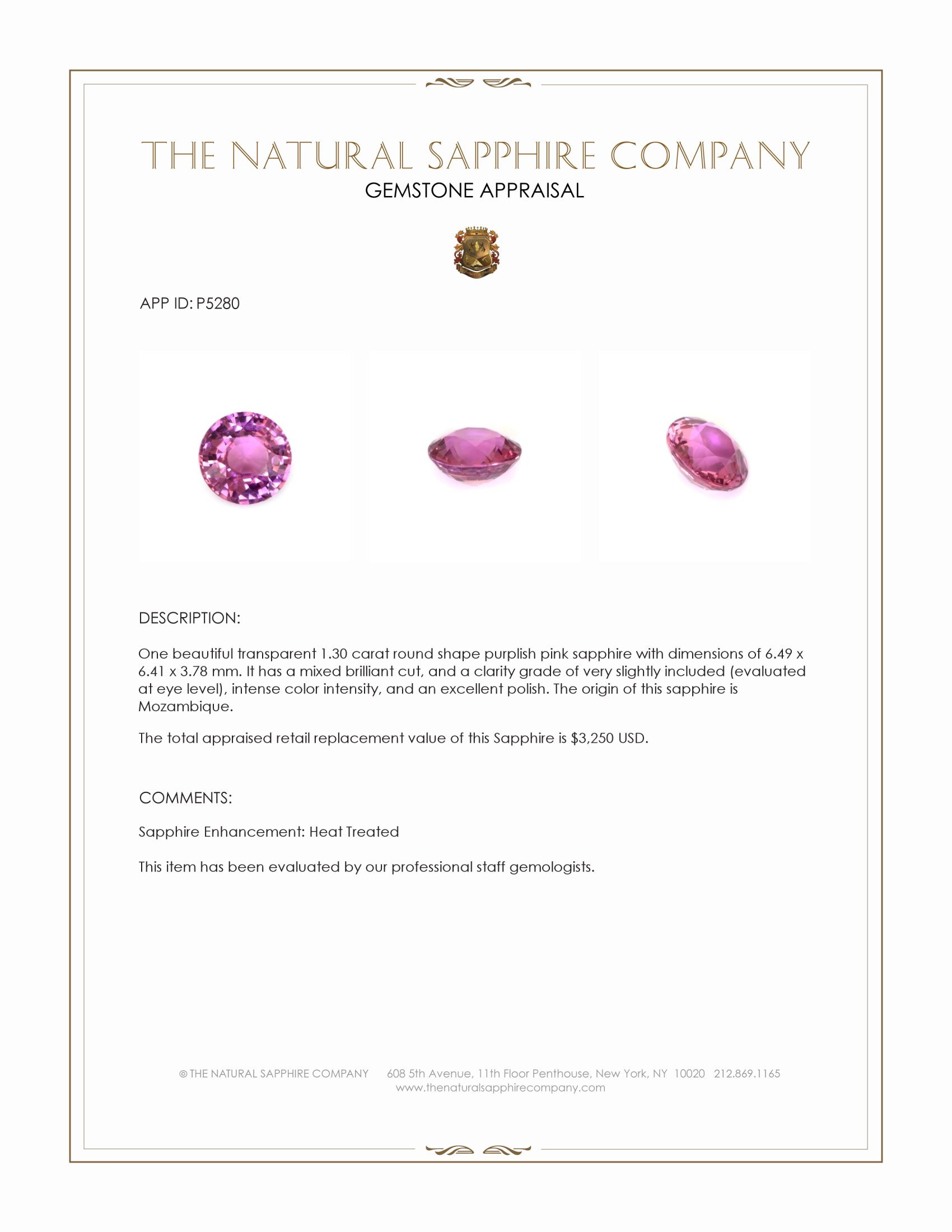 1.30 Ct. Purplish Pink Sapphire from Mozambique