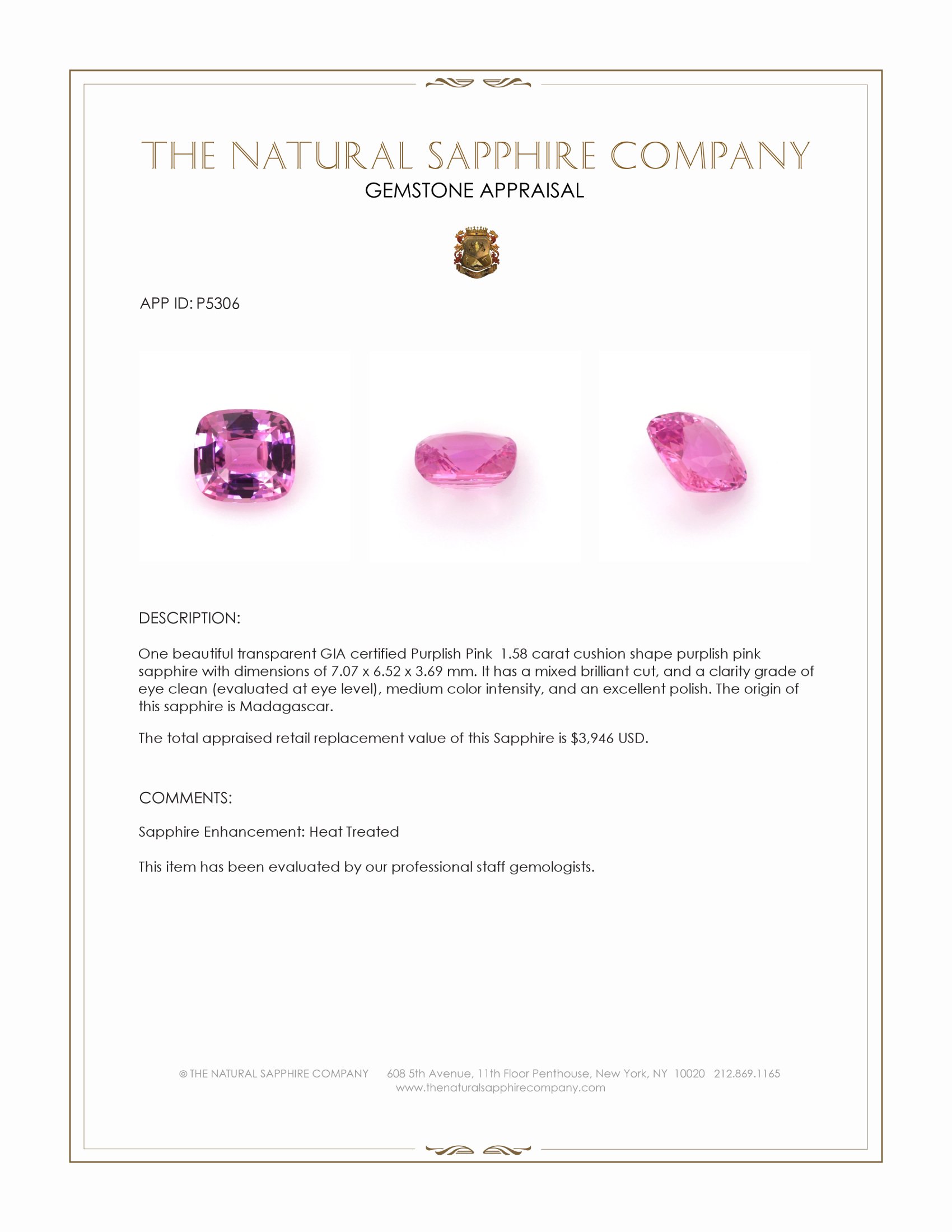 1.58 Ct. Purplish Pink Sapphire from Madagascar