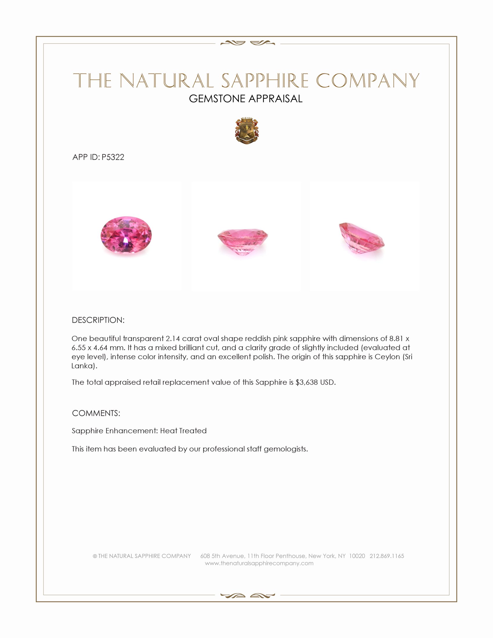 2.14 Ct. Reddish Pink Sapphire from Ceylon (Sri Lanka)