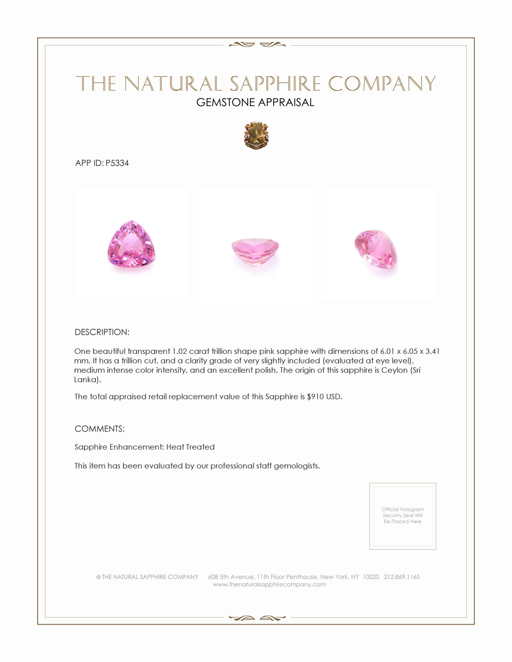 1.02 Ct. Pink Sapphire from Ceylon (Sri Lanka)