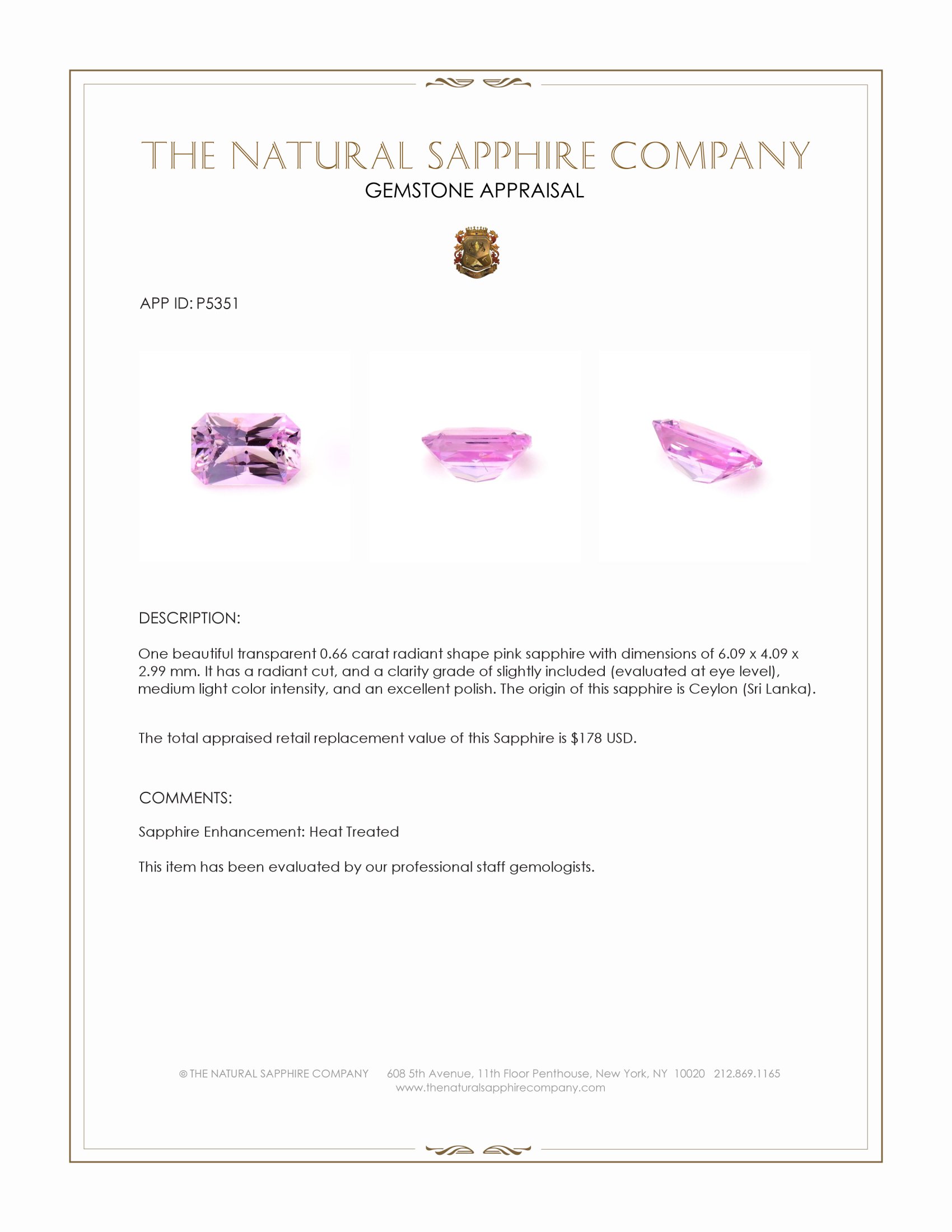 0.66 Ct. Pink Sapphire from Ceylon (Sri Lanka)