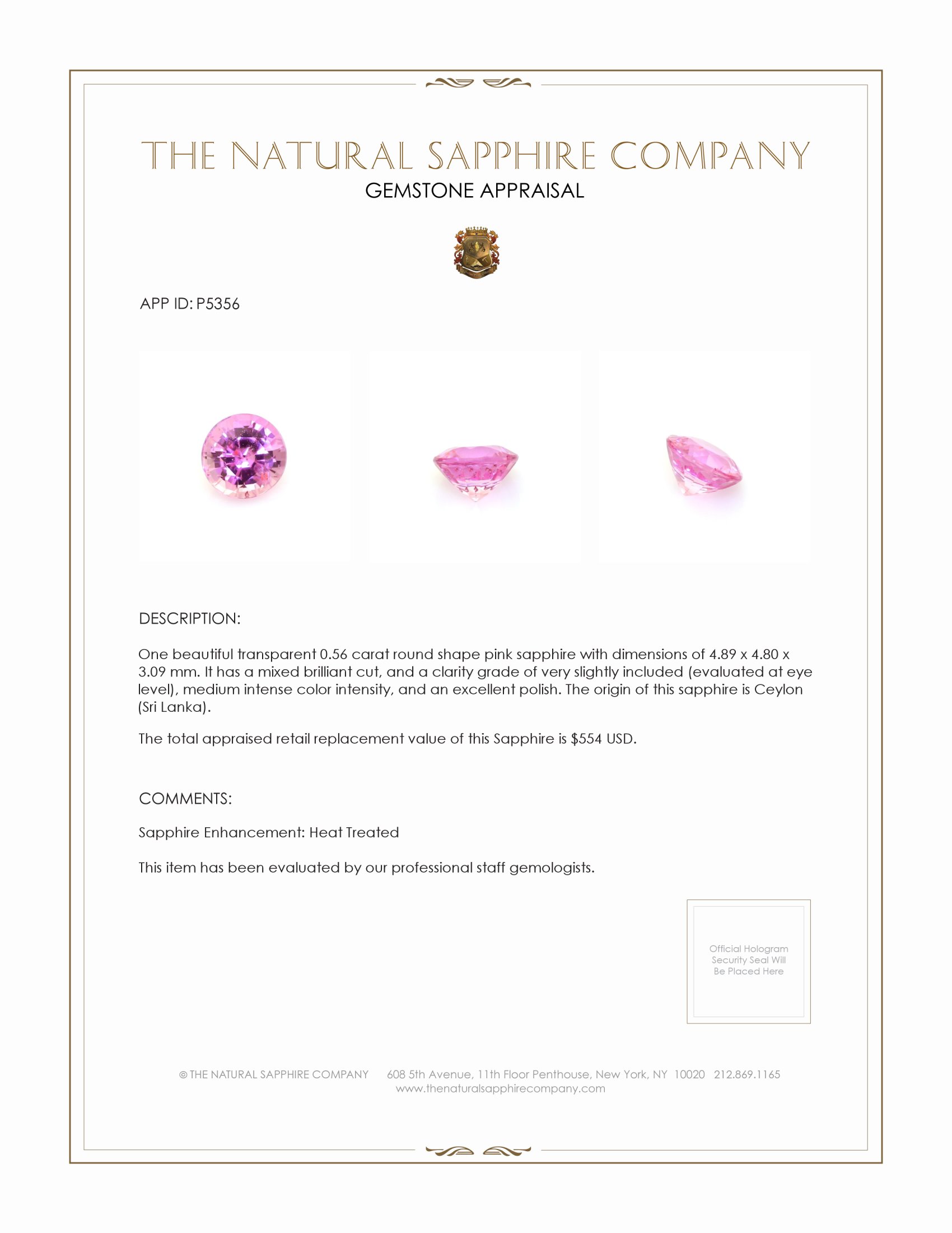 0.56 Ct. Pink Sapphire from Ceylon (Sri Lanka)