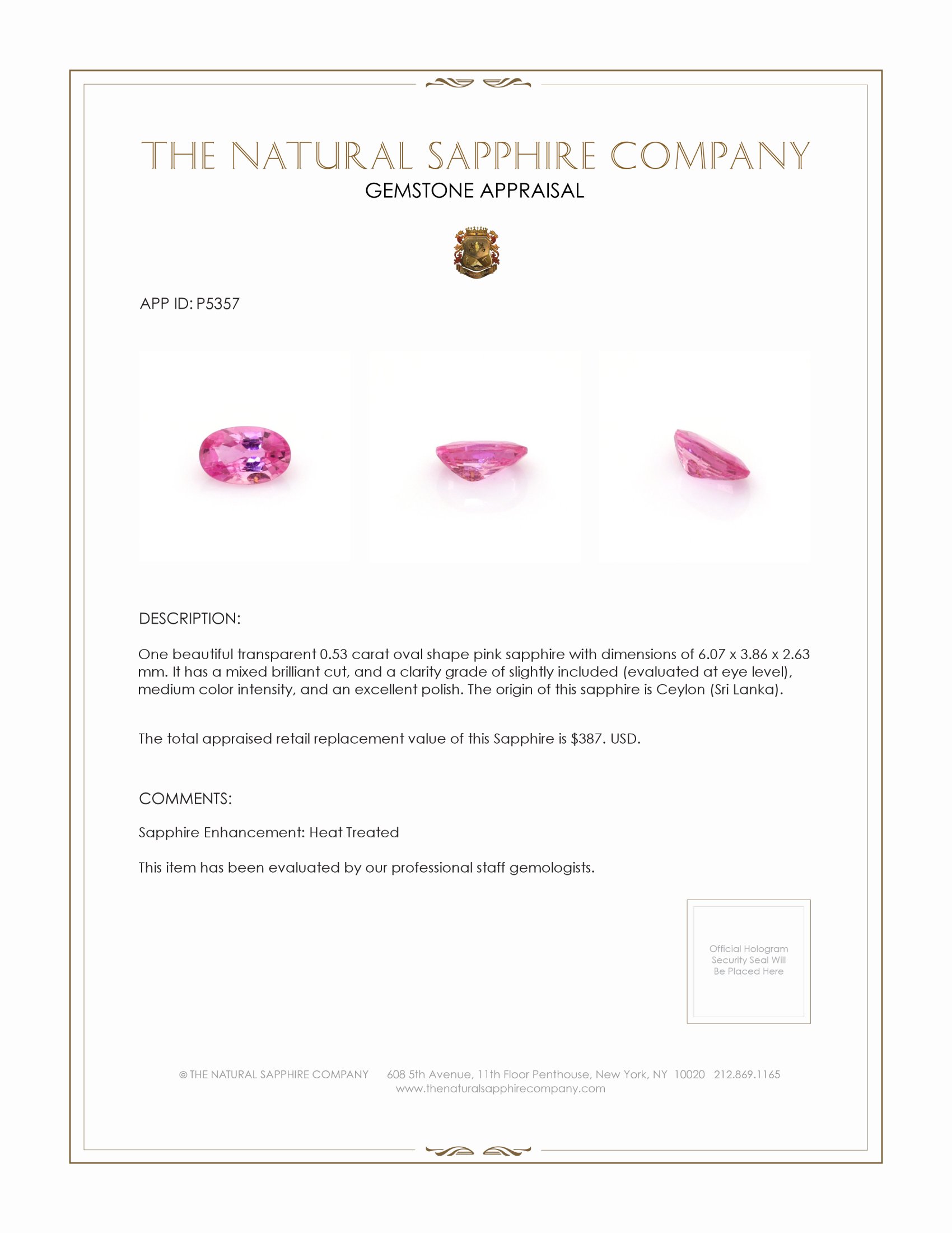 0.53 Ct. Pink Sapphire from Ceylon (Sri Lanka)
