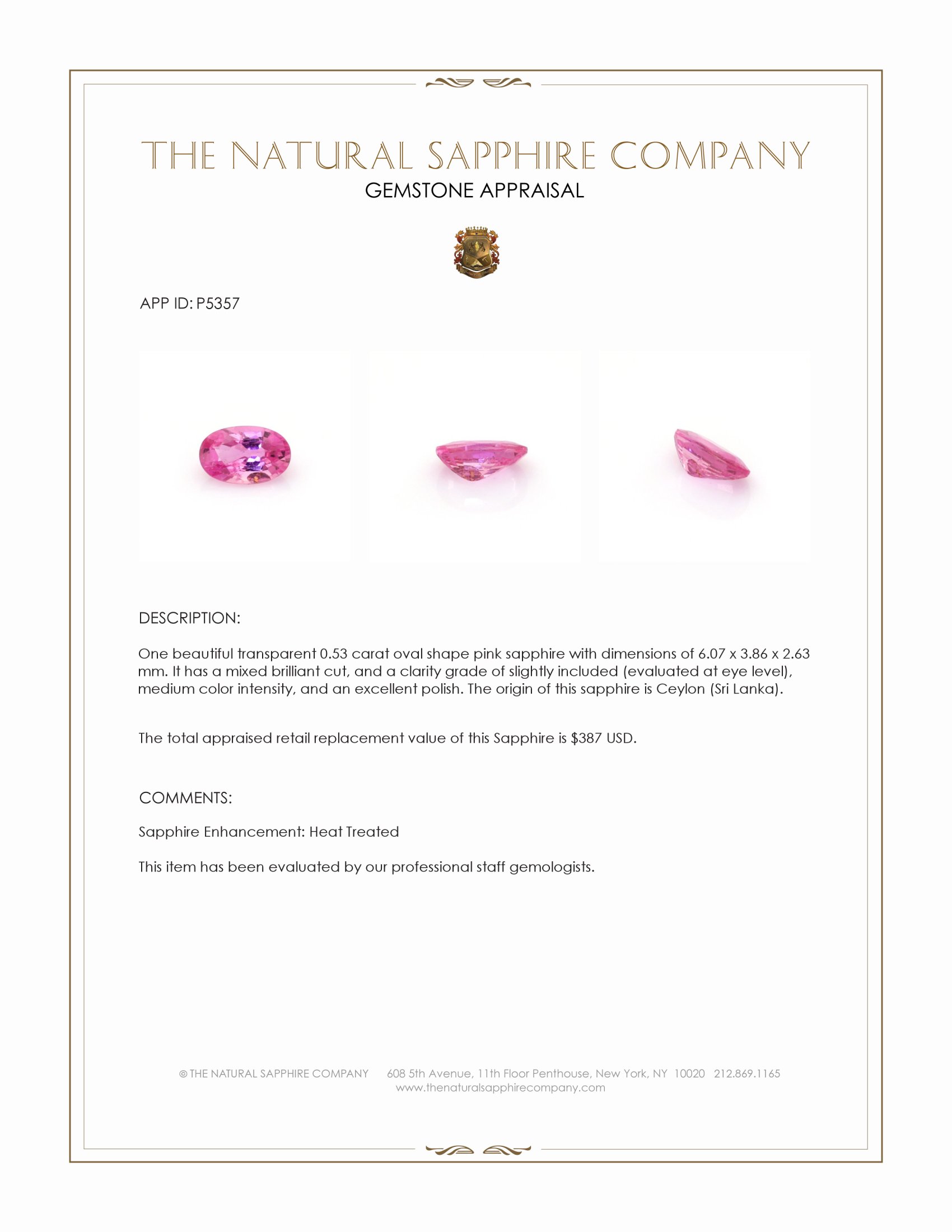 0.53 Ct. Pink Sapphire from Ceylon (Sri Lanka)