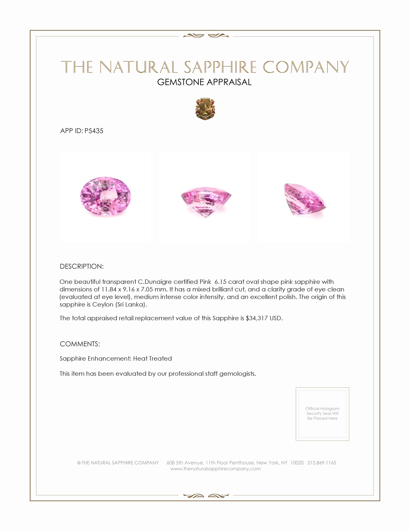 6.15 Ct. Pink Sapphire from Ceylon (Sri Lanka)