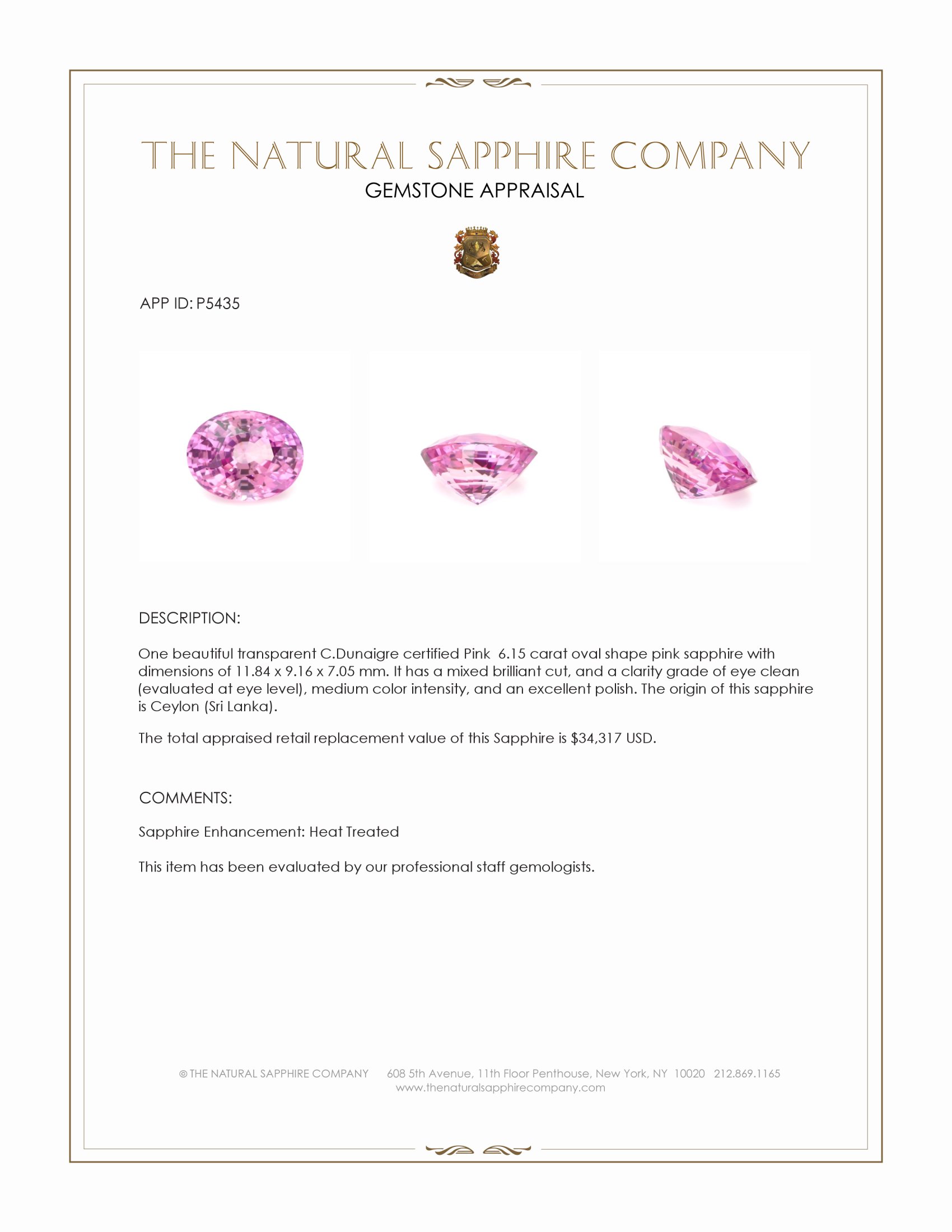 6.15 Ct. Pink Sapphire from Ceylon (Sri Lanka)