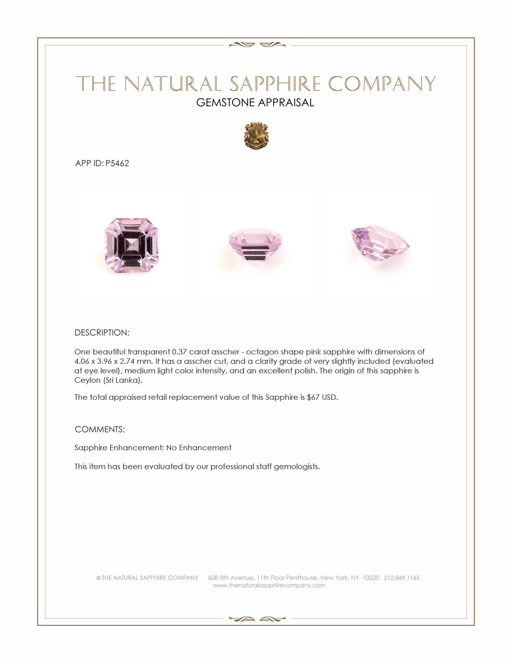 0.37 Ct. Pink Sapphire from Ceylon (Sri Lanka)