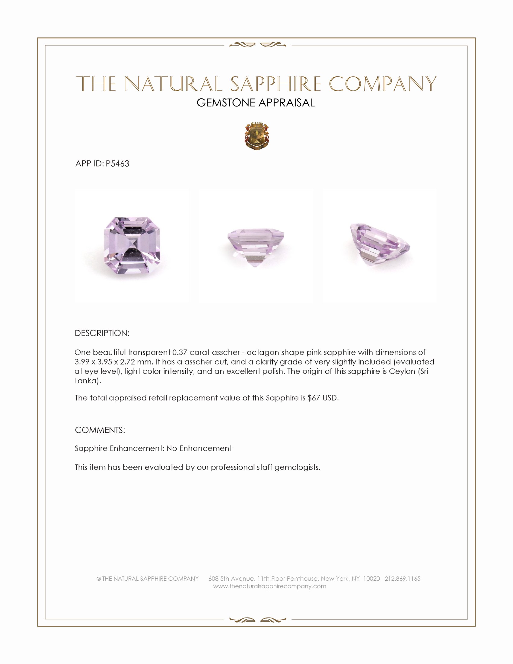 0.37 Ct. Pink Sapphire from Ceylon (Sri Lanka)