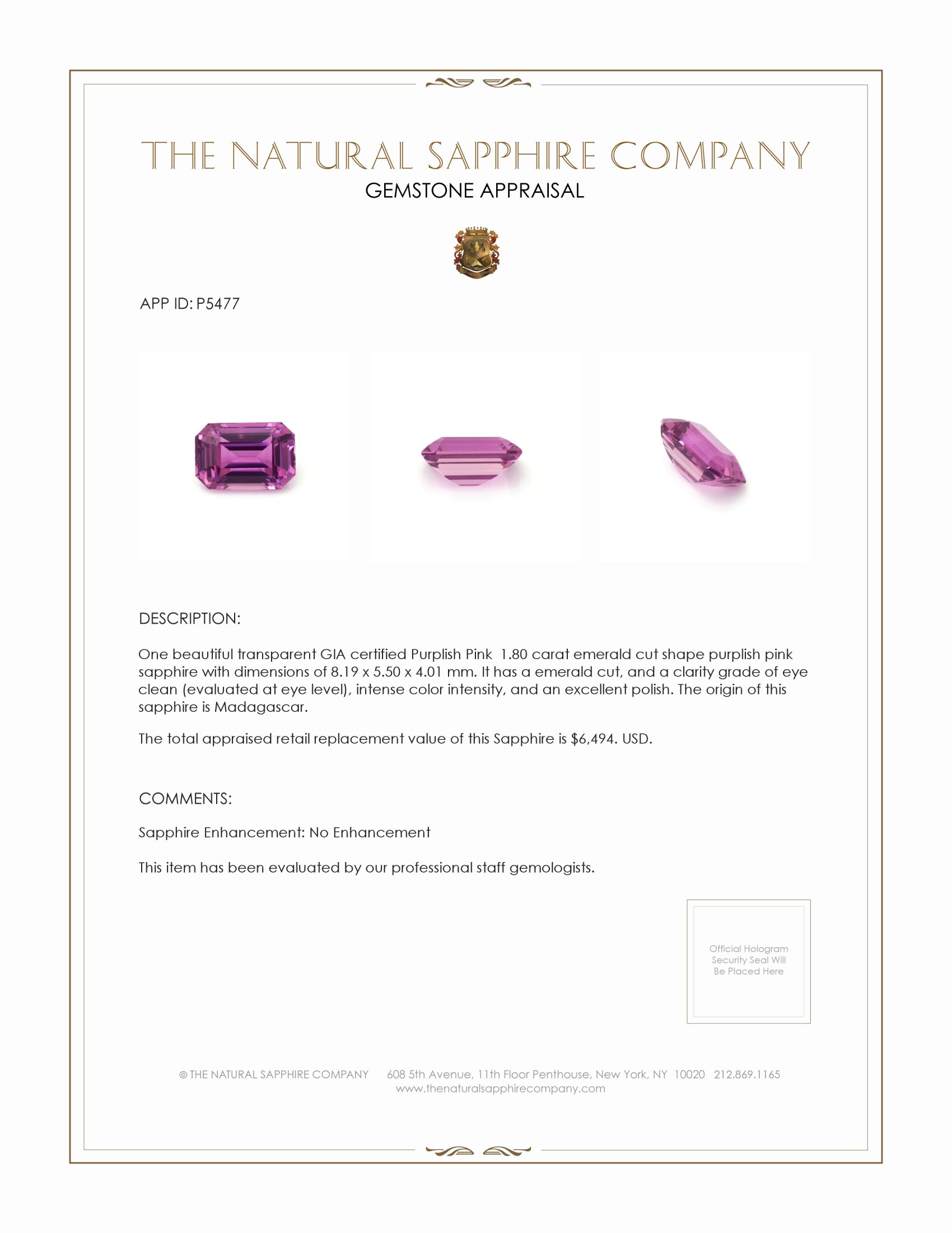 1.80 Ct. Purplish Pink Sapphire from Madagascar