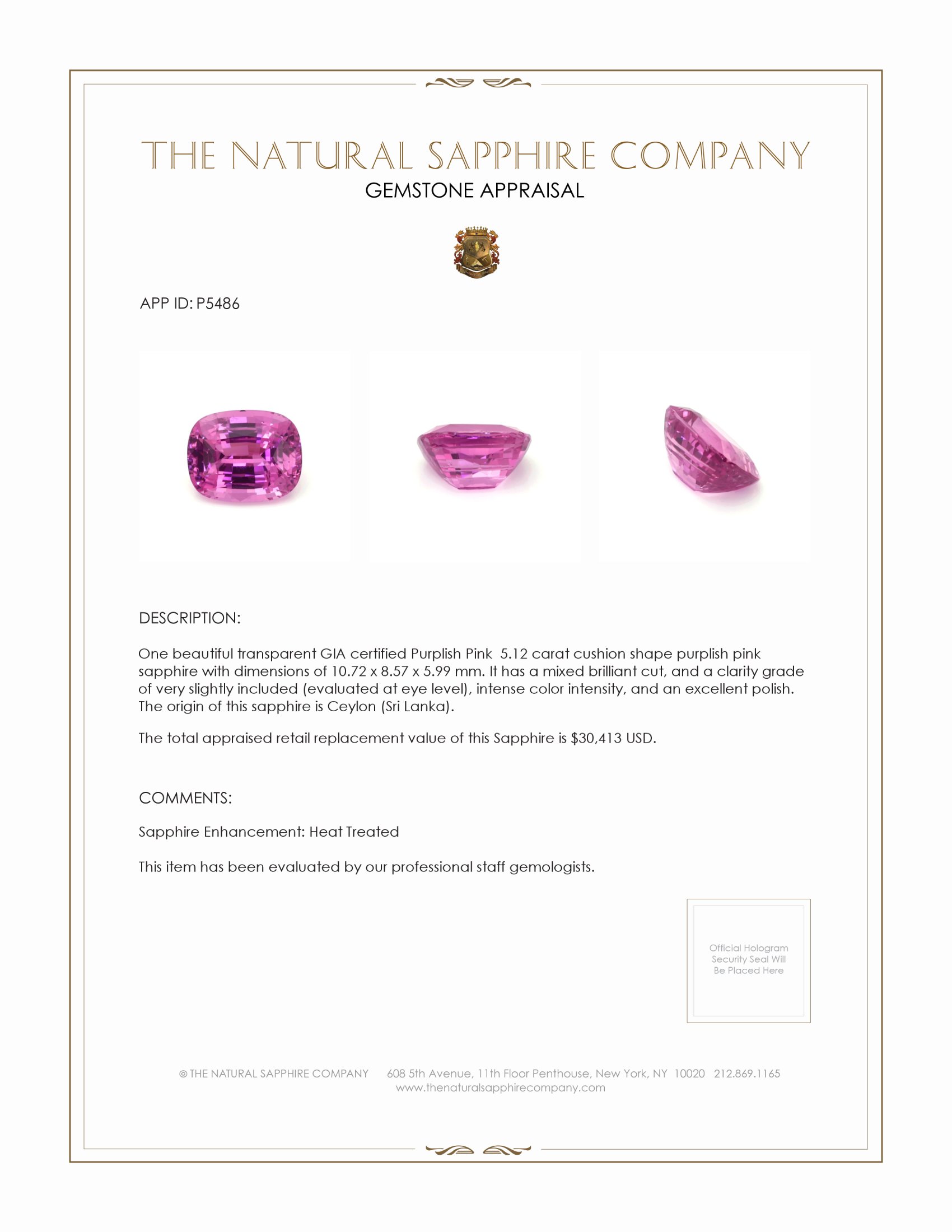 5.12 Ct. Purplish Pink Sapphire from Ceylon (Sri Lanka)
