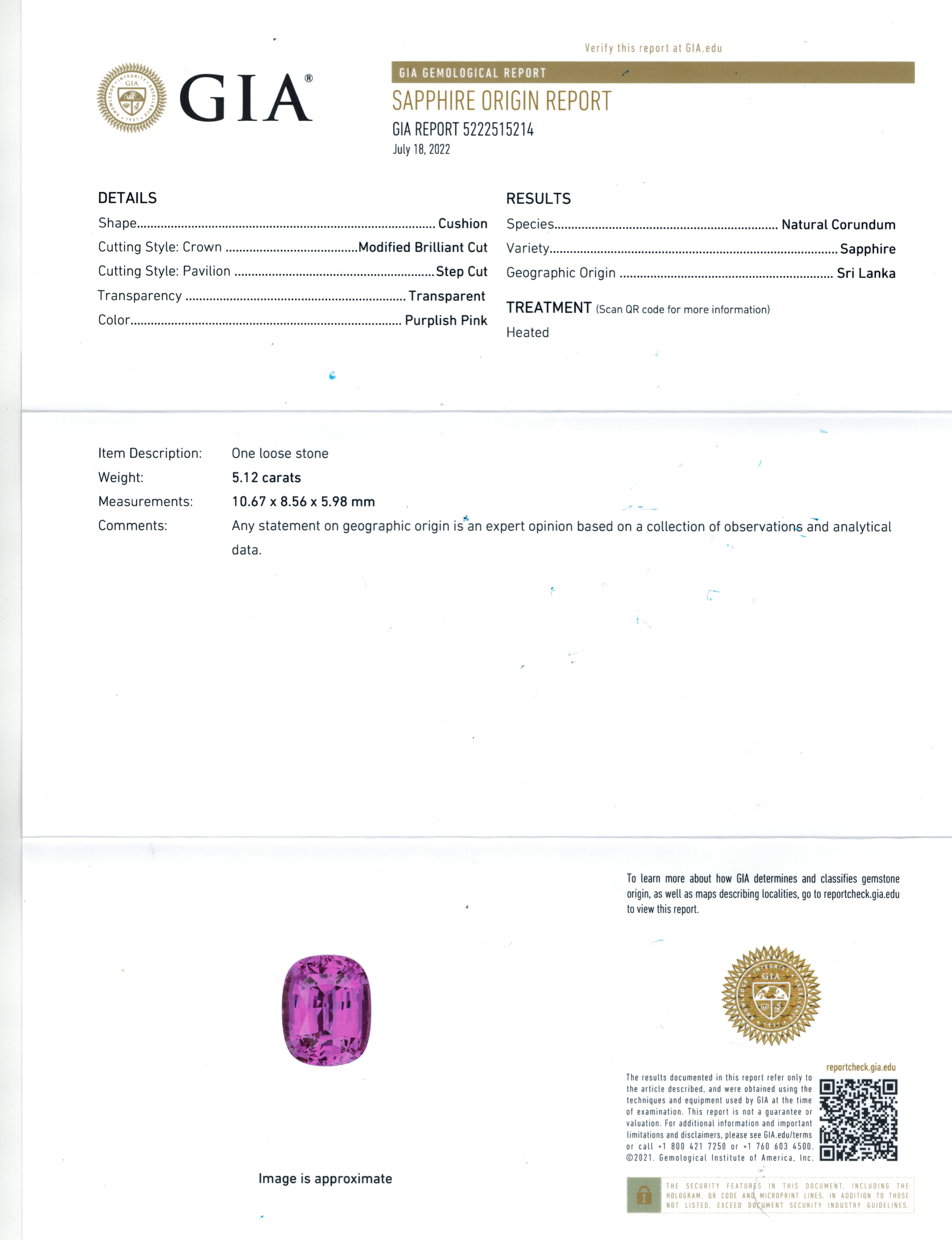 5.12 Ct. Purplish Pink Sapphire from Ceylon (Sri Lanka)