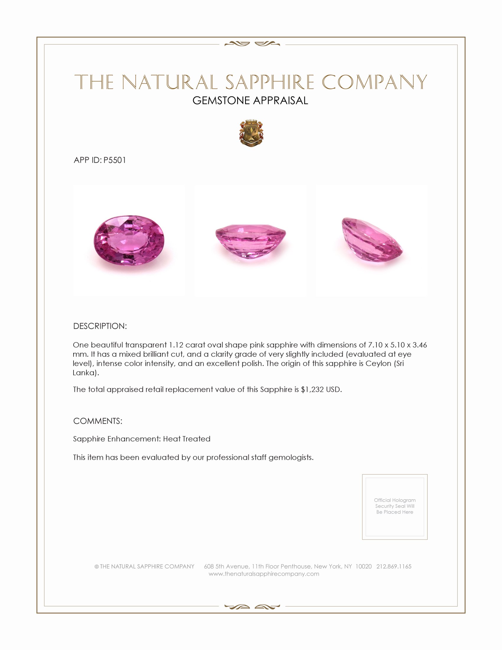 1.12 Ct. Pink Sapphire from Ceylon (Sri Lanka)