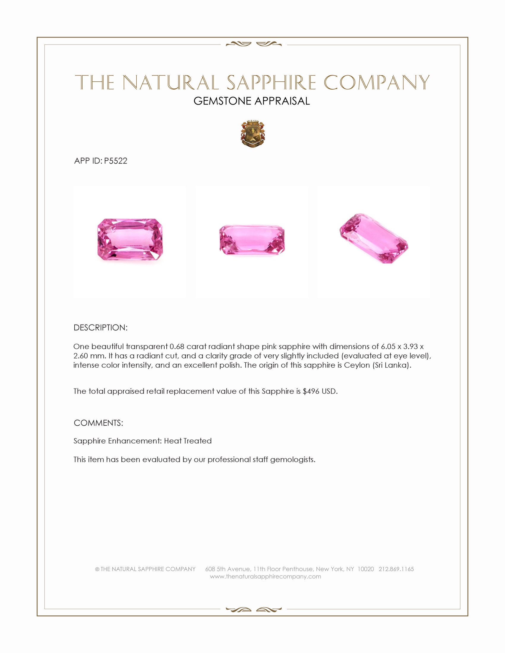 0.68 Ct. Pink Sapphire from Ceylon (Sri Lanka)