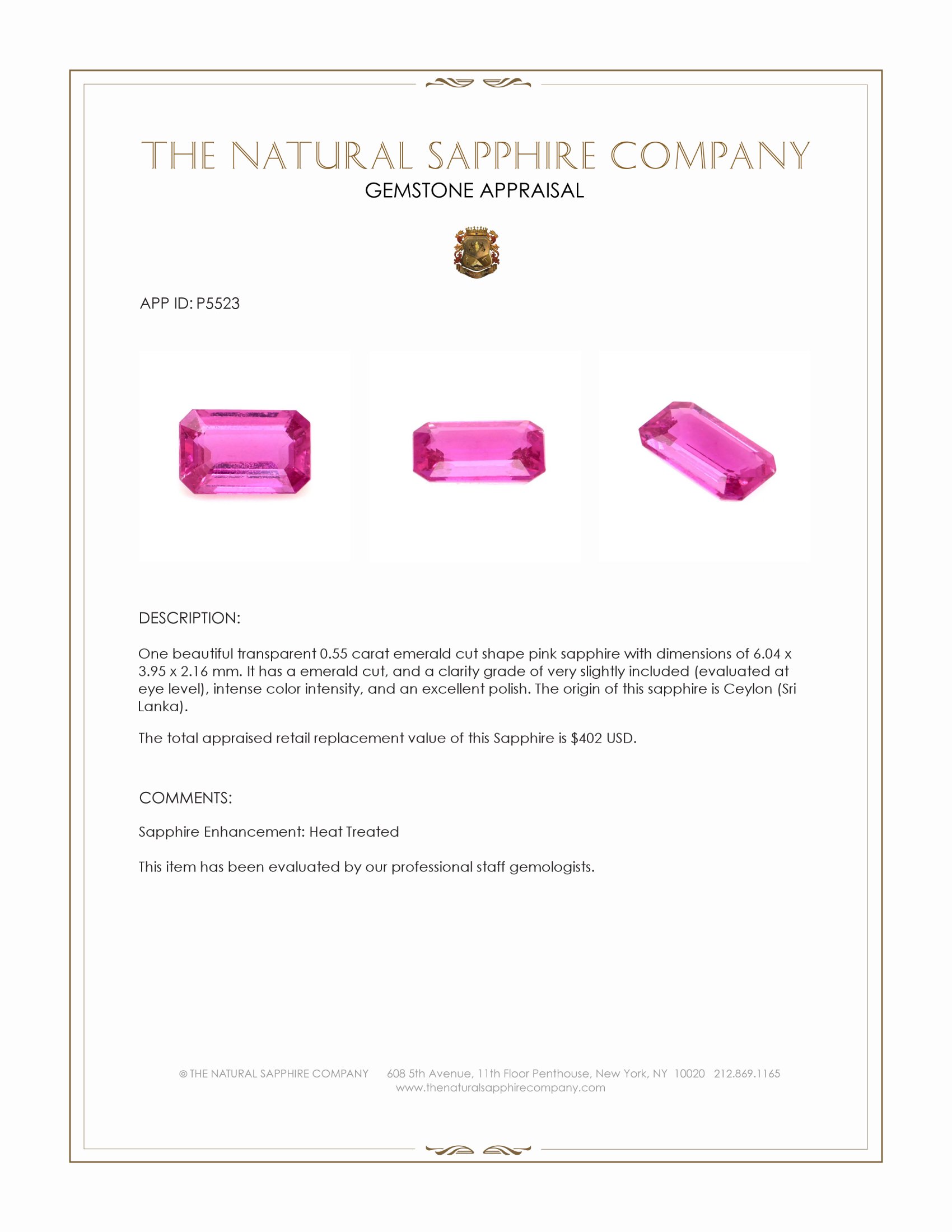 0.55 Ct. Pink Sapphire from Ceylon (Sri Lanka)