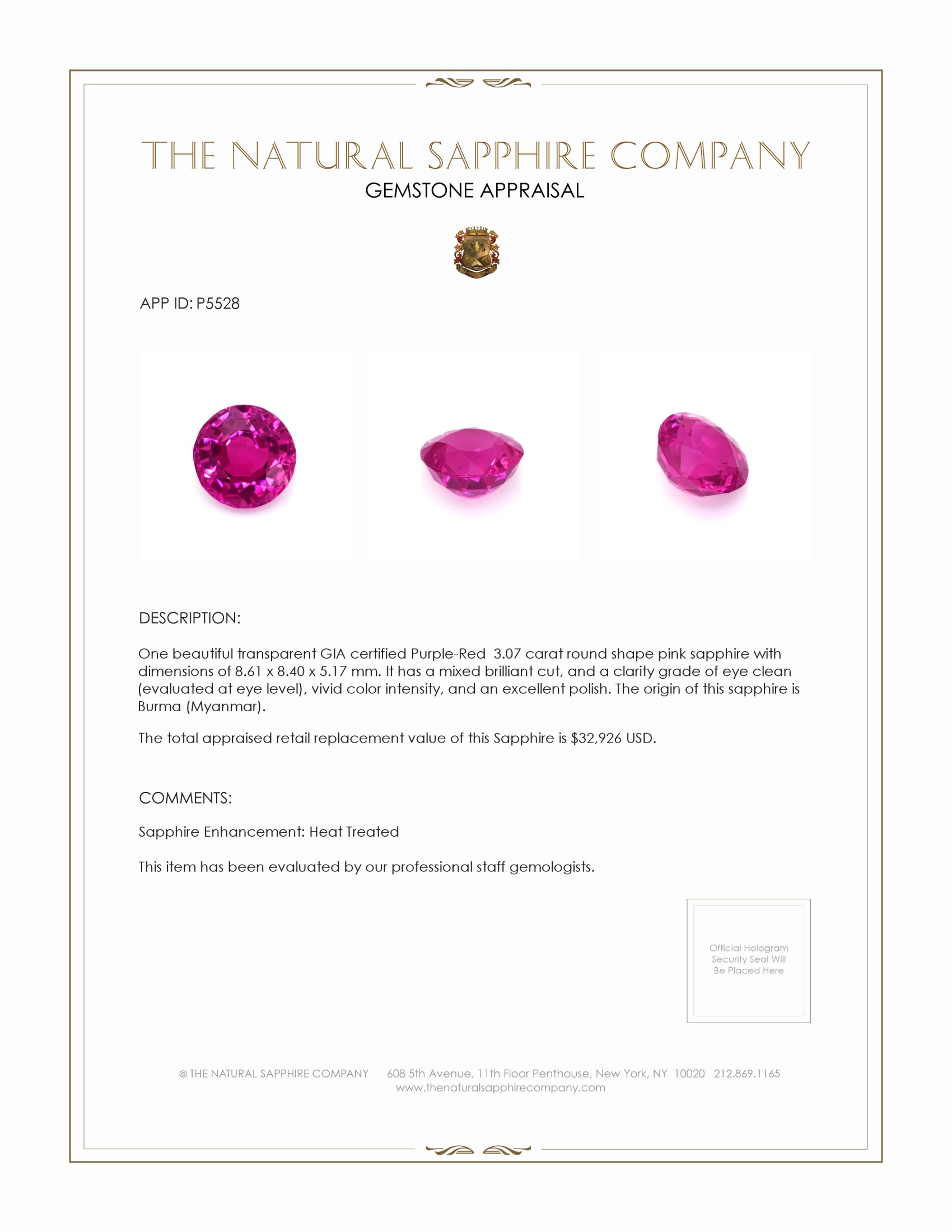 3.07 Ct. Pink Sapphire from Burma (Myanmar)