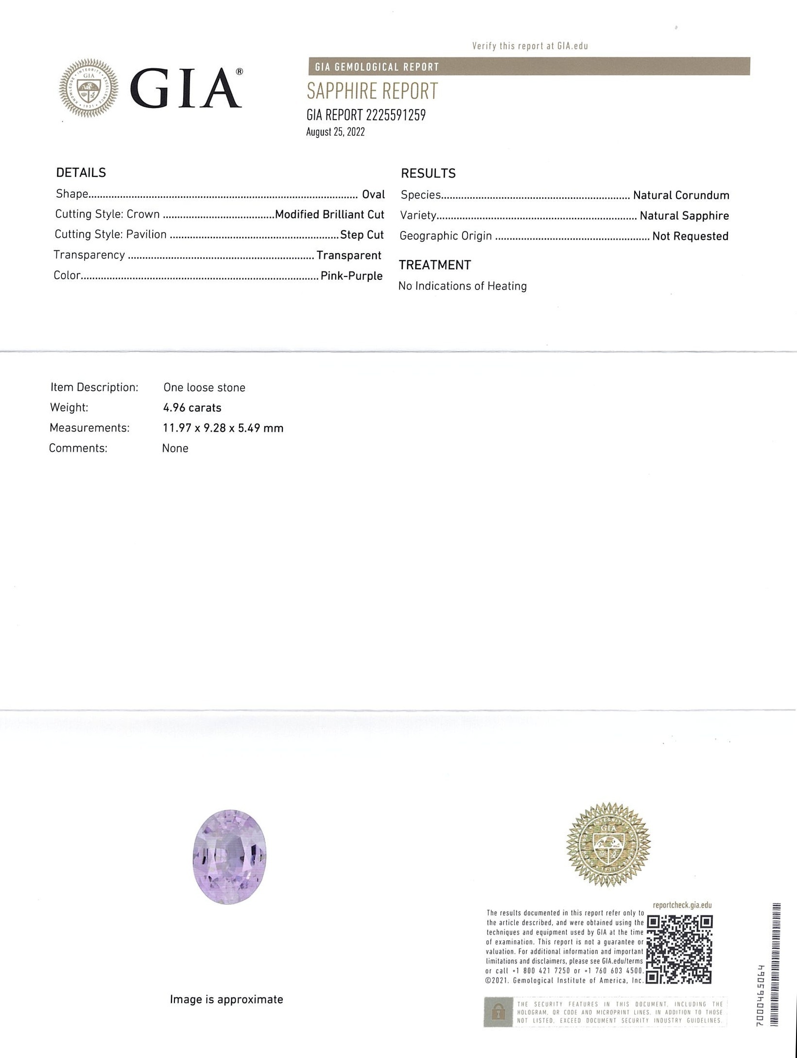 4.96 Ct. Purplish Pink Sapphire from Ceylon (Sri Lanka)