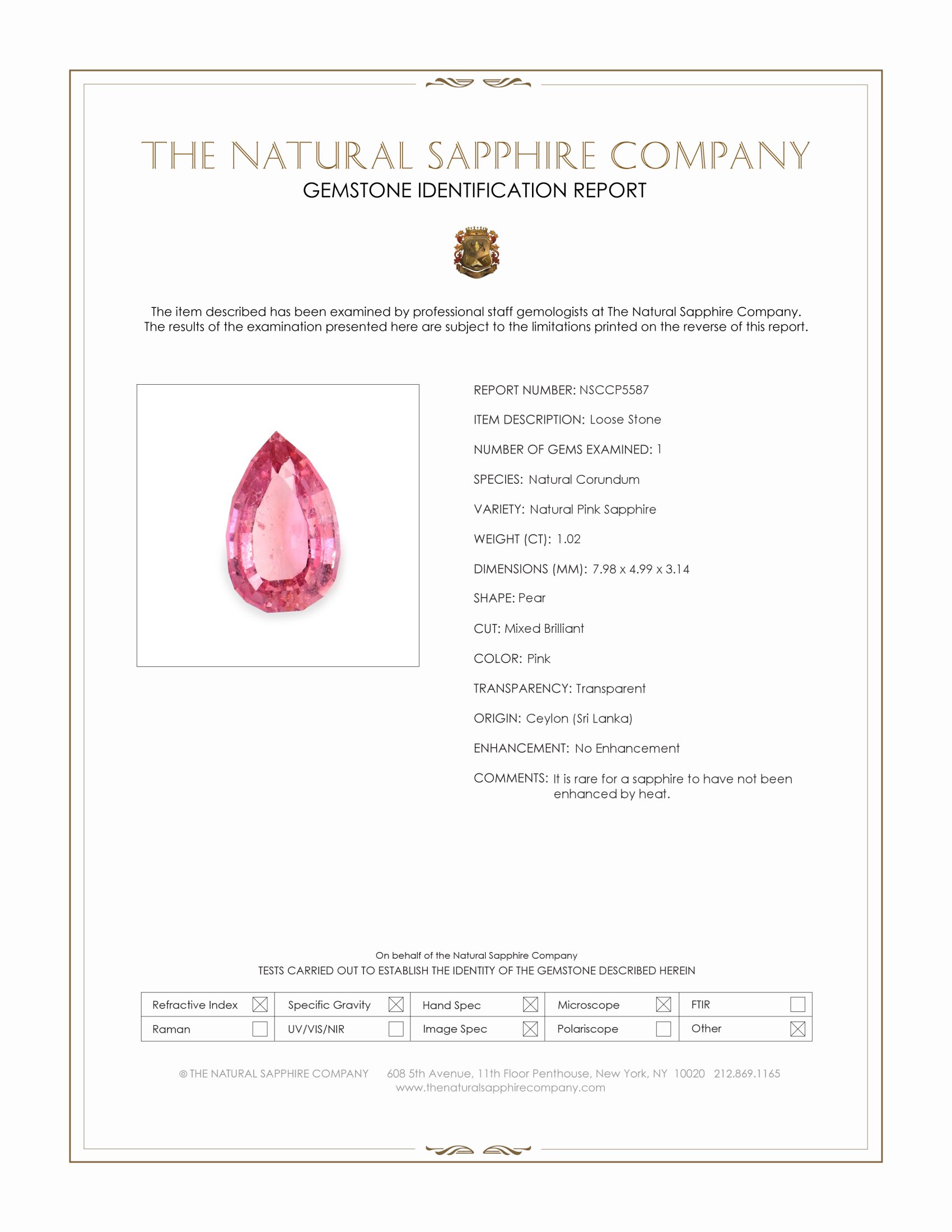 1.02 Ct. Pink Sapphire from Ceylon (Sri Lanka)