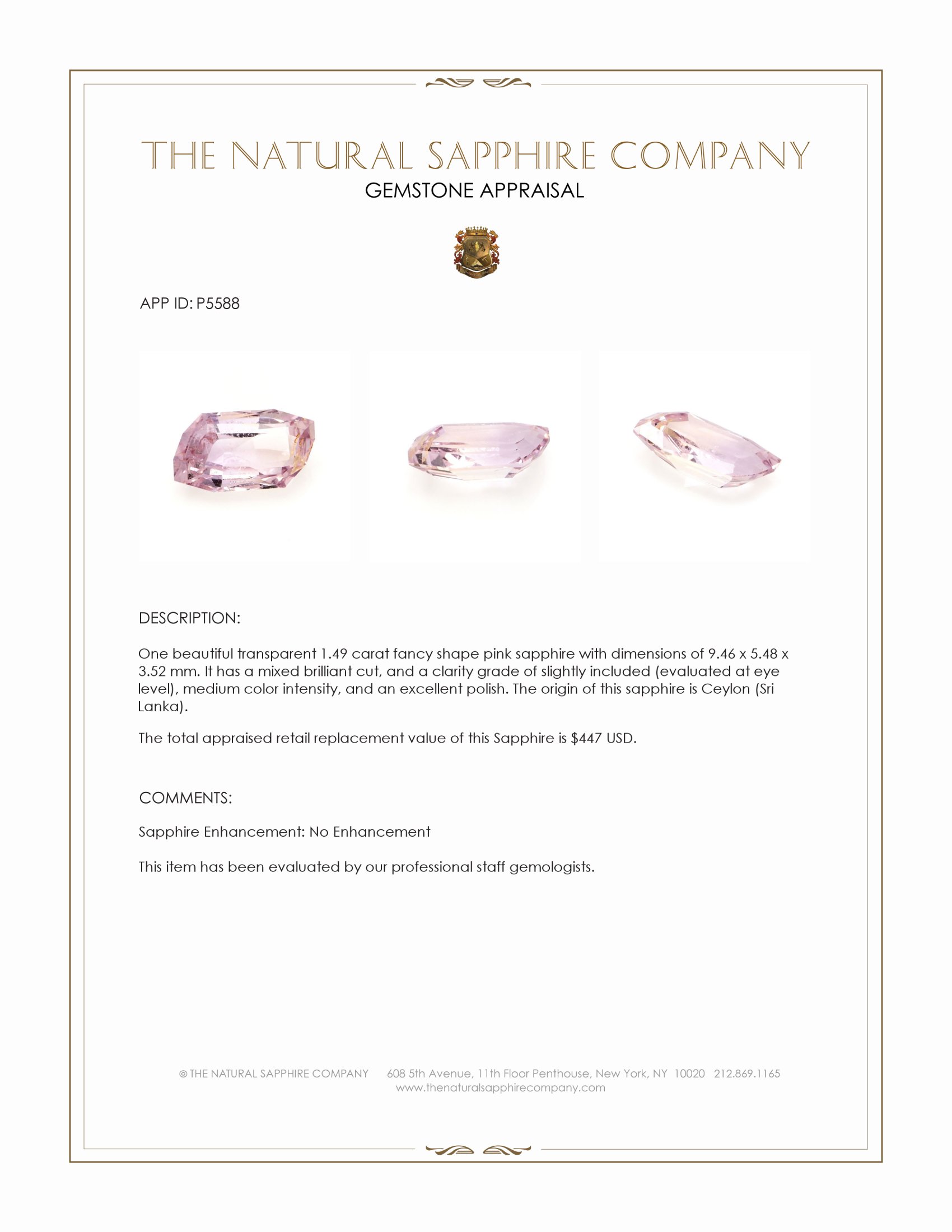 1.49 Ct. Pink Sapphire from Ceylon (Sri Lanka)