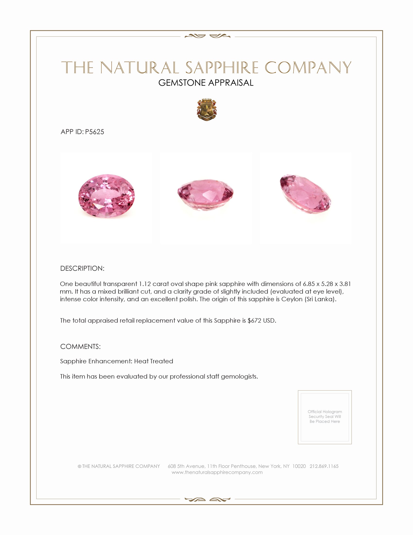 1.12 Ct. Pink Sapphire from Ceylon (Sri Lanka)