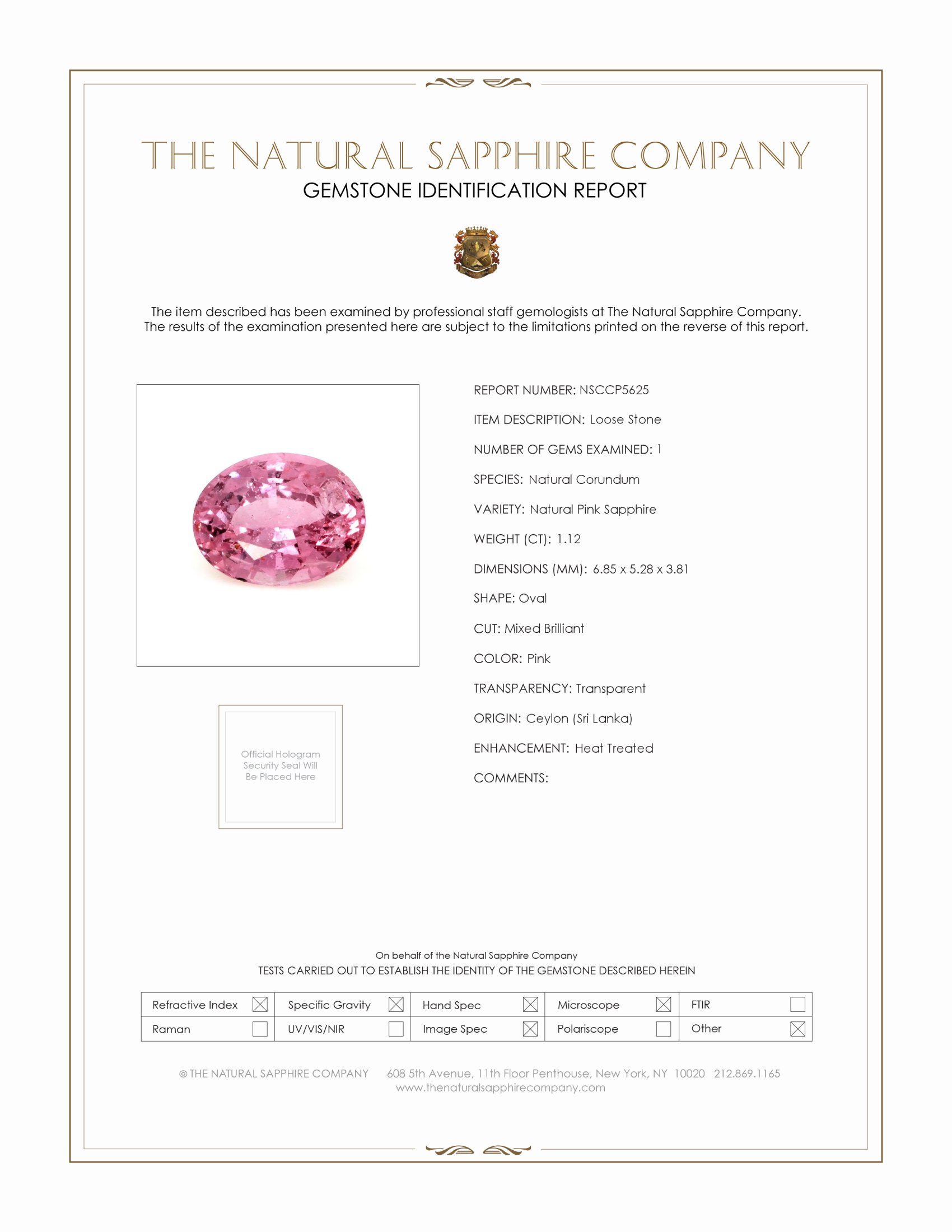 1.12 Ct. Pink Sapphire from Ceylon (Sri Lanka)