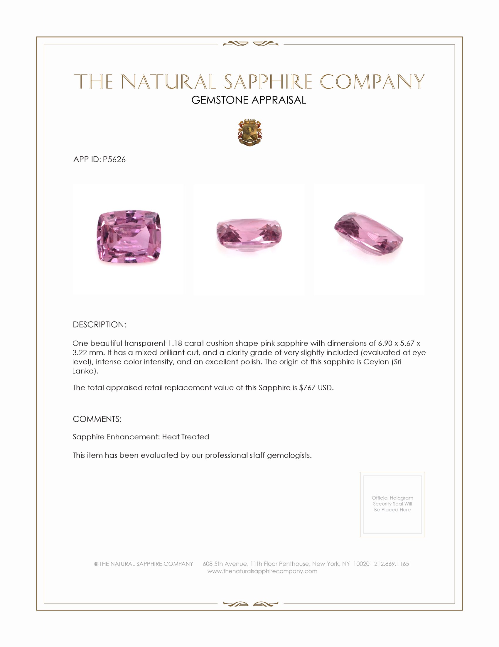 1.18 Ct. Pink Sapphire from Ceylon (Sri Lanka)