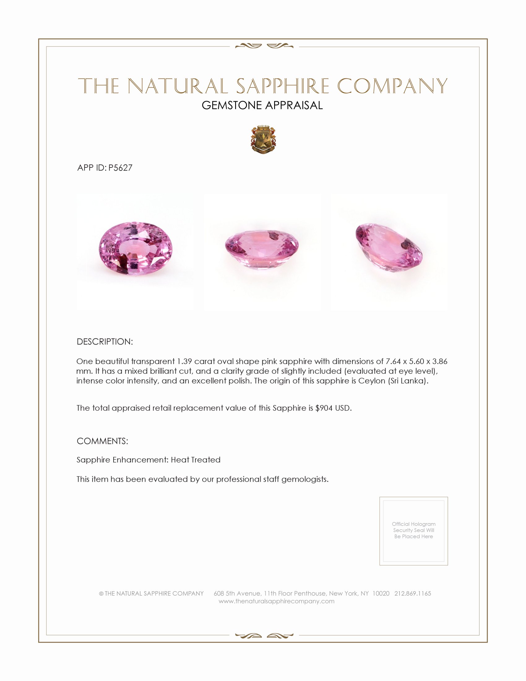 1.39 Ct. Pink Sapphire from Ceylon (Sri Lanka)