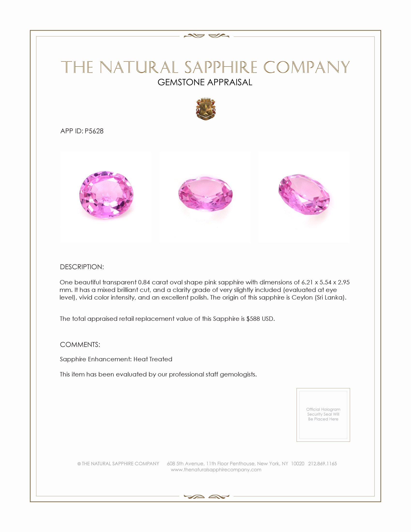 0.84 Ct. Pink Sapphire from Ceylon (Sri Lanka)