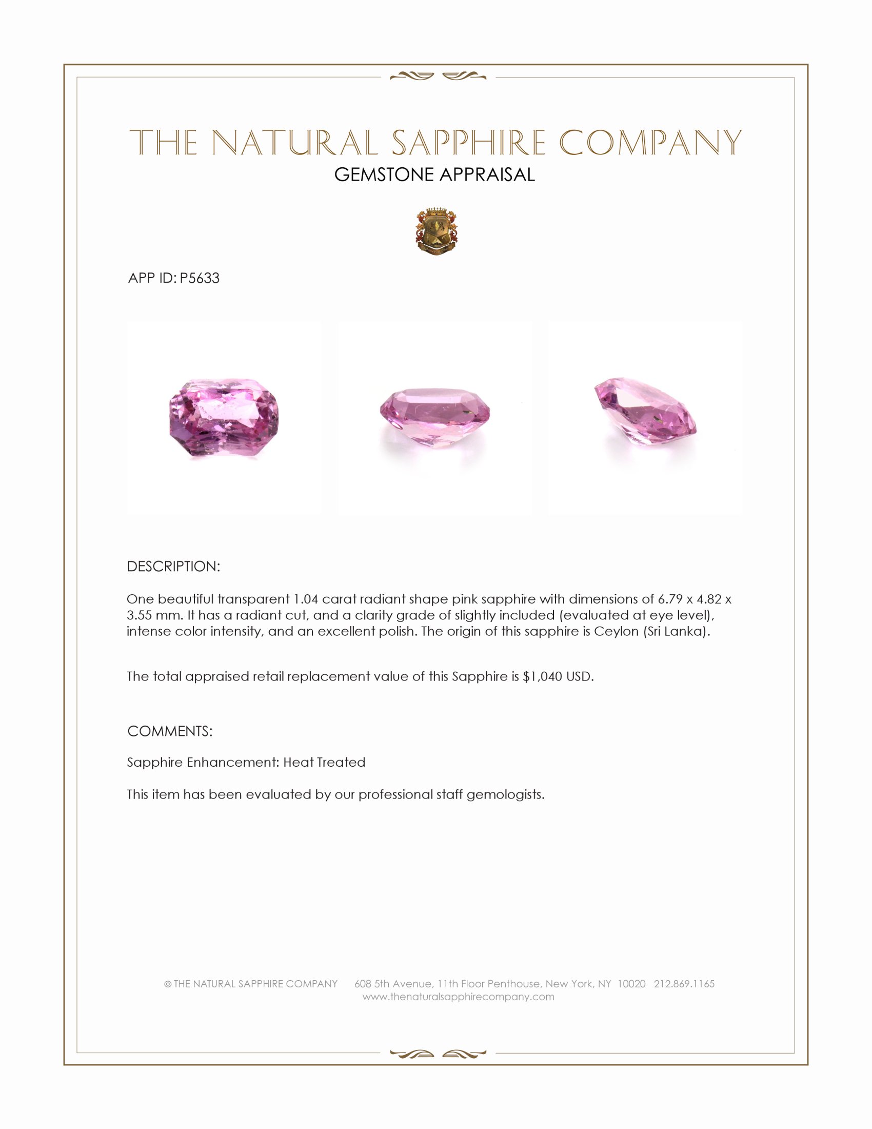 1.04 Ct. Pink Sapphire from Ceylon (Sri Lanka)