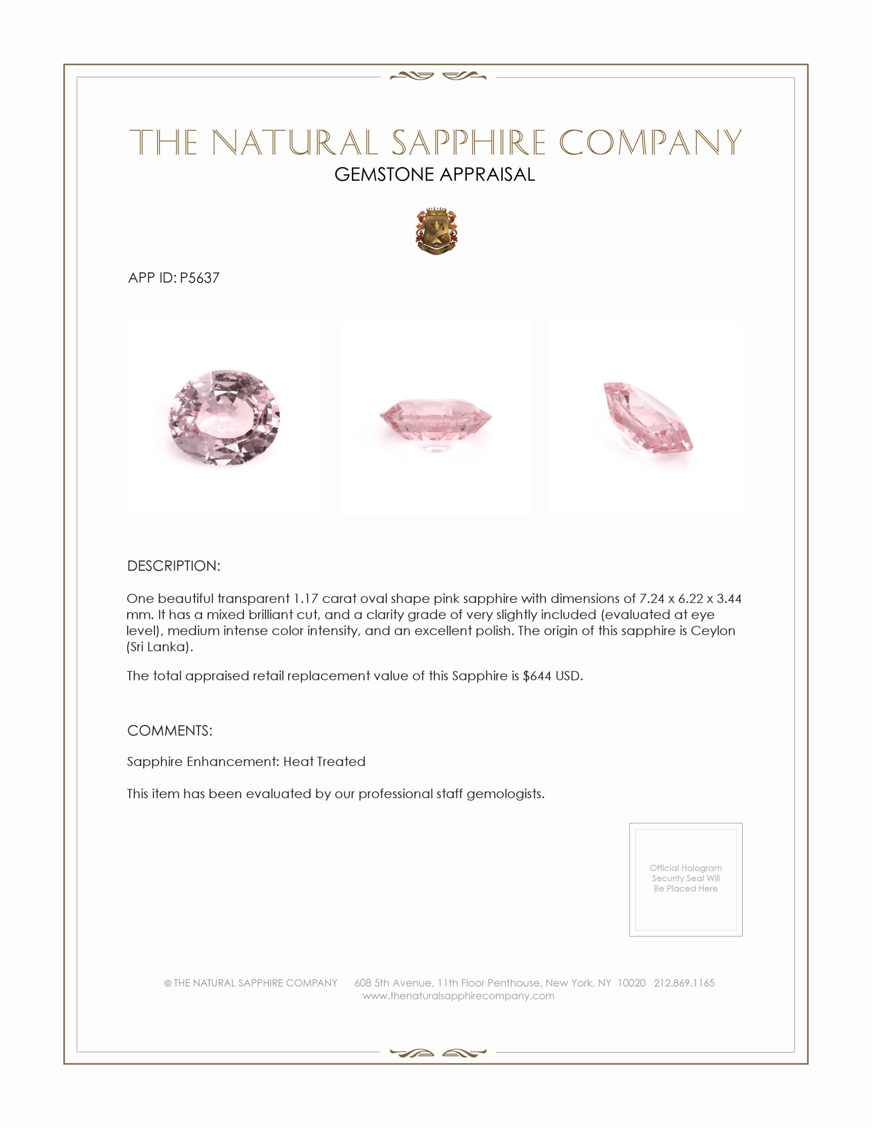 1.17 Ct. Pink Sapphire from Ceylon (Sri Lanka)