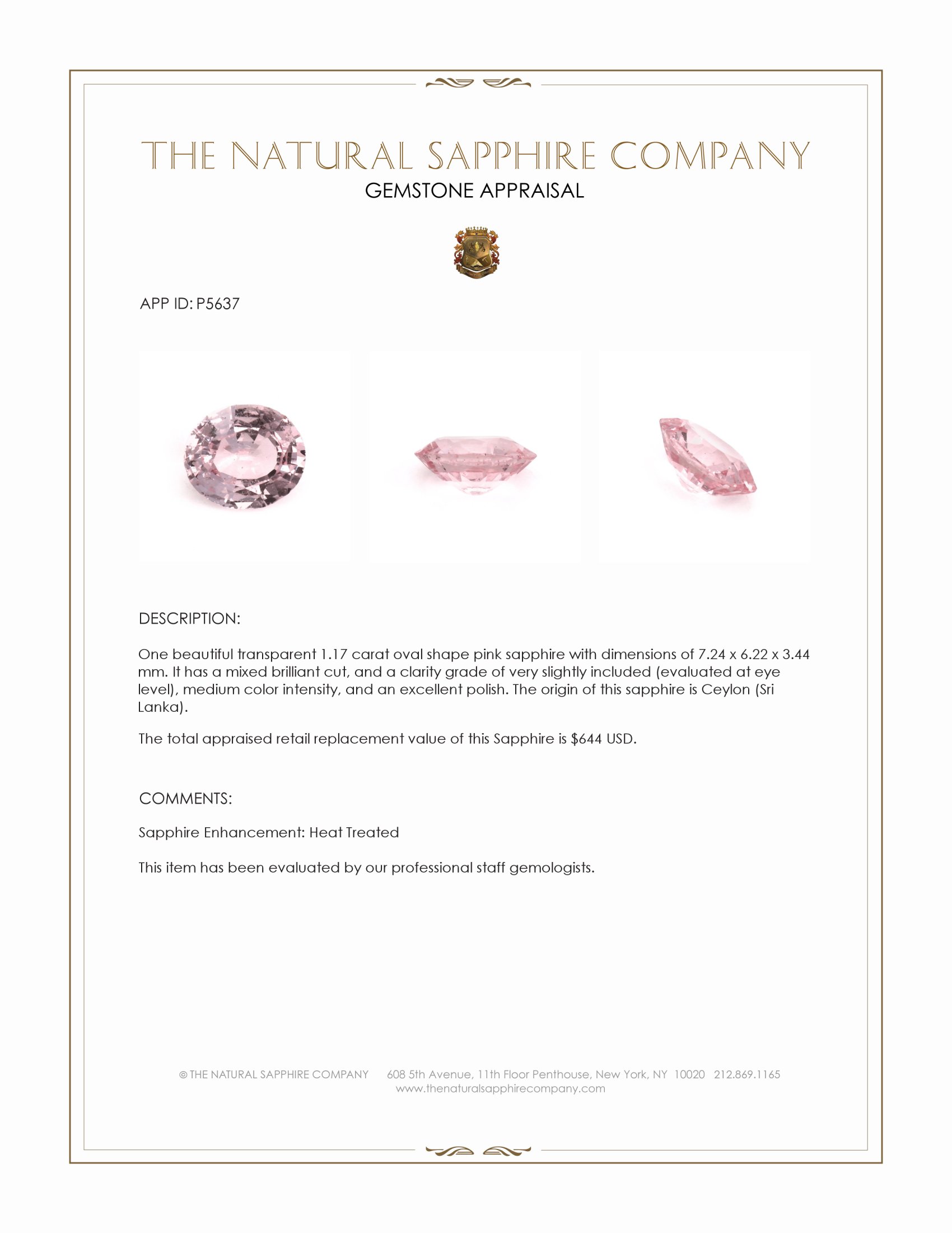 1.17 Ct. Pink Sapphire from Ceylon (Sri Lanka)