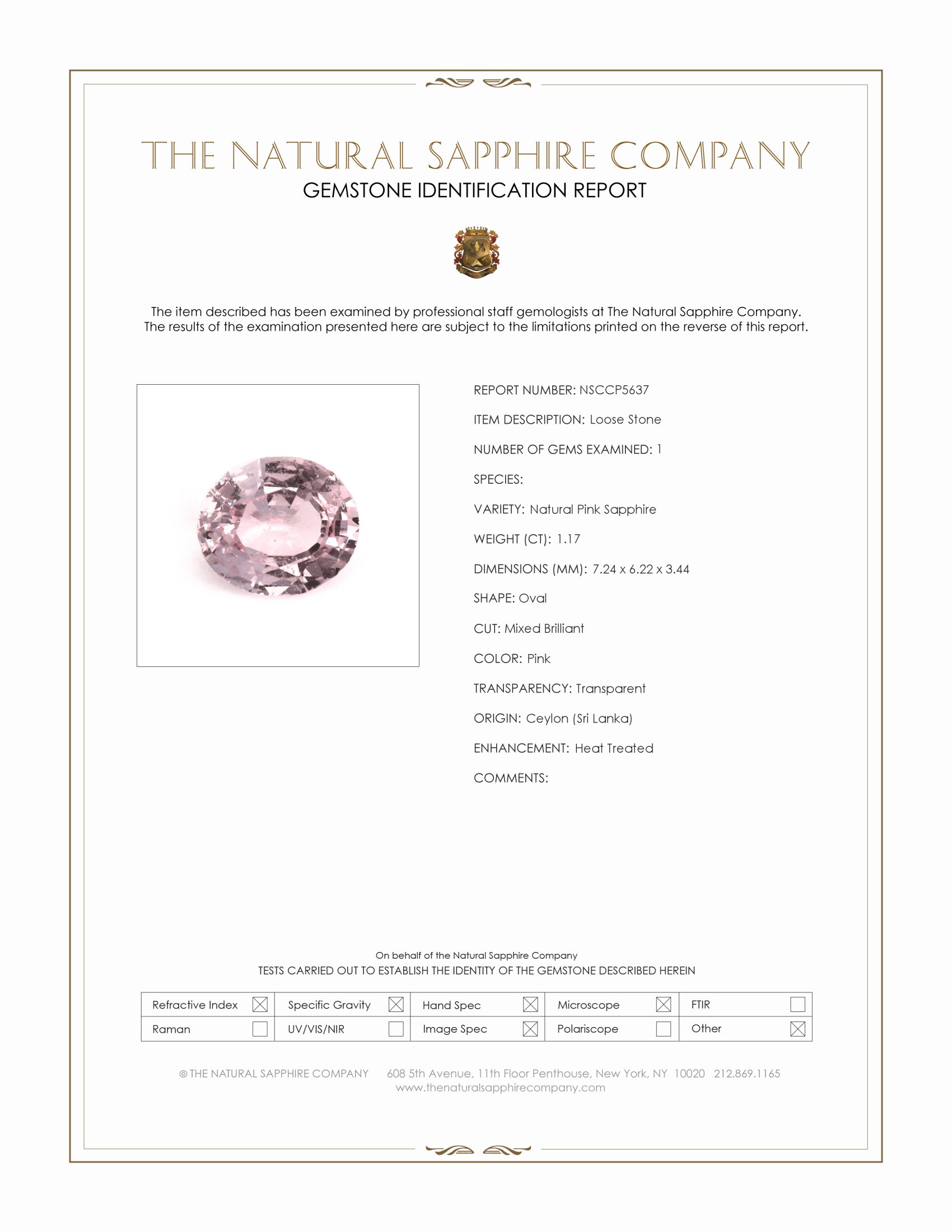 1.17 Ct. Pink Sapphire from Ceylon (Sri Lanka)