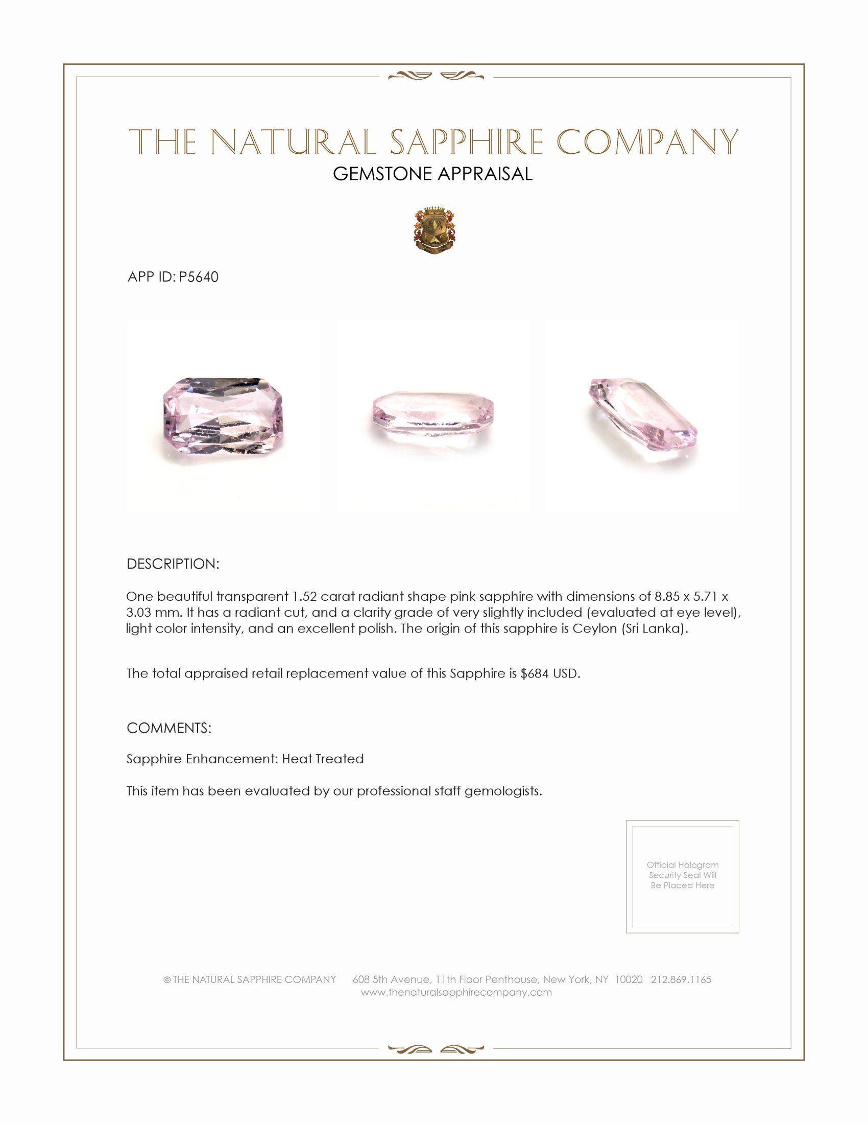 1.52 Ct. Pink Sapphire from Ceylon (Sri Lanka)