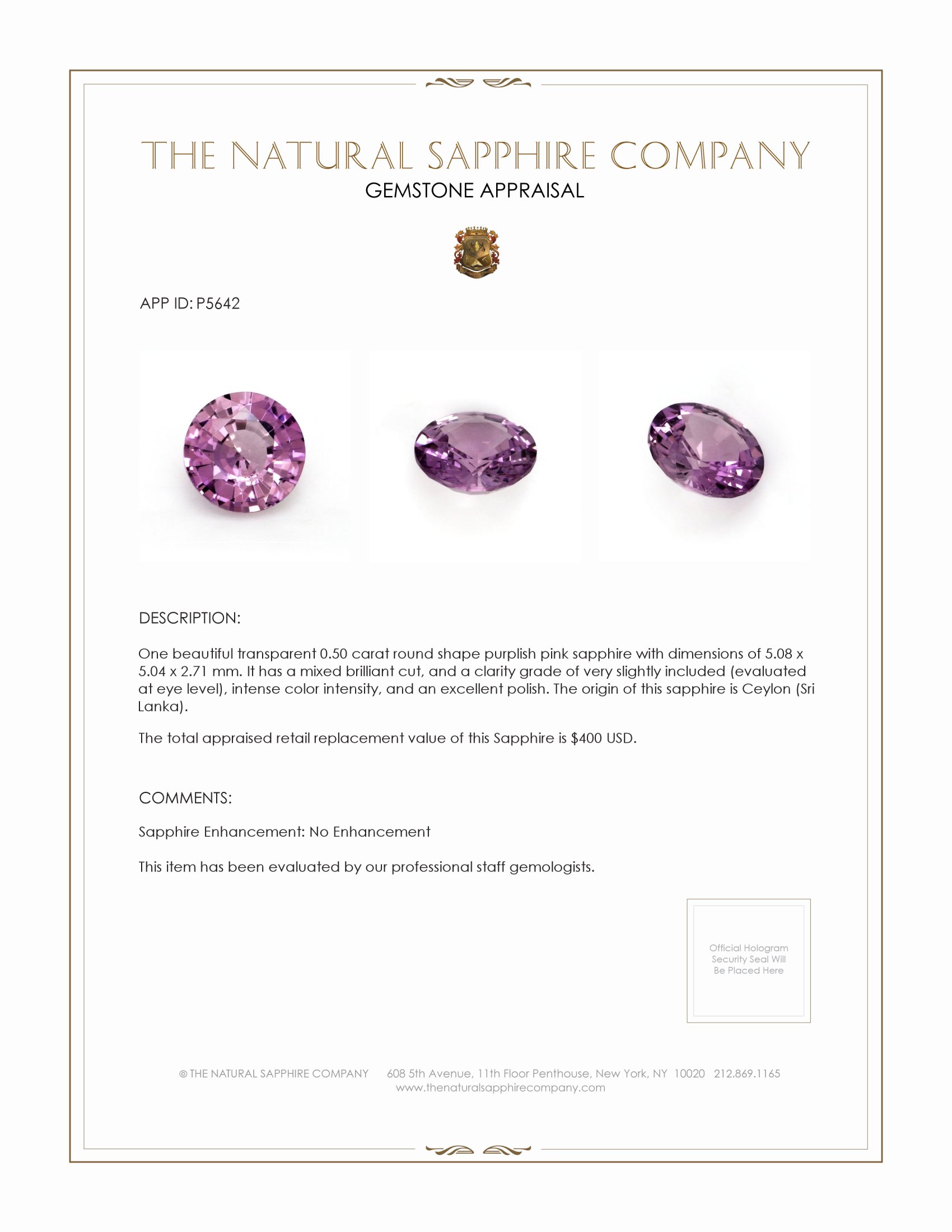 0.50 Ct. Purplish Pink Sapphire from Ceylon (Sri Lanka)