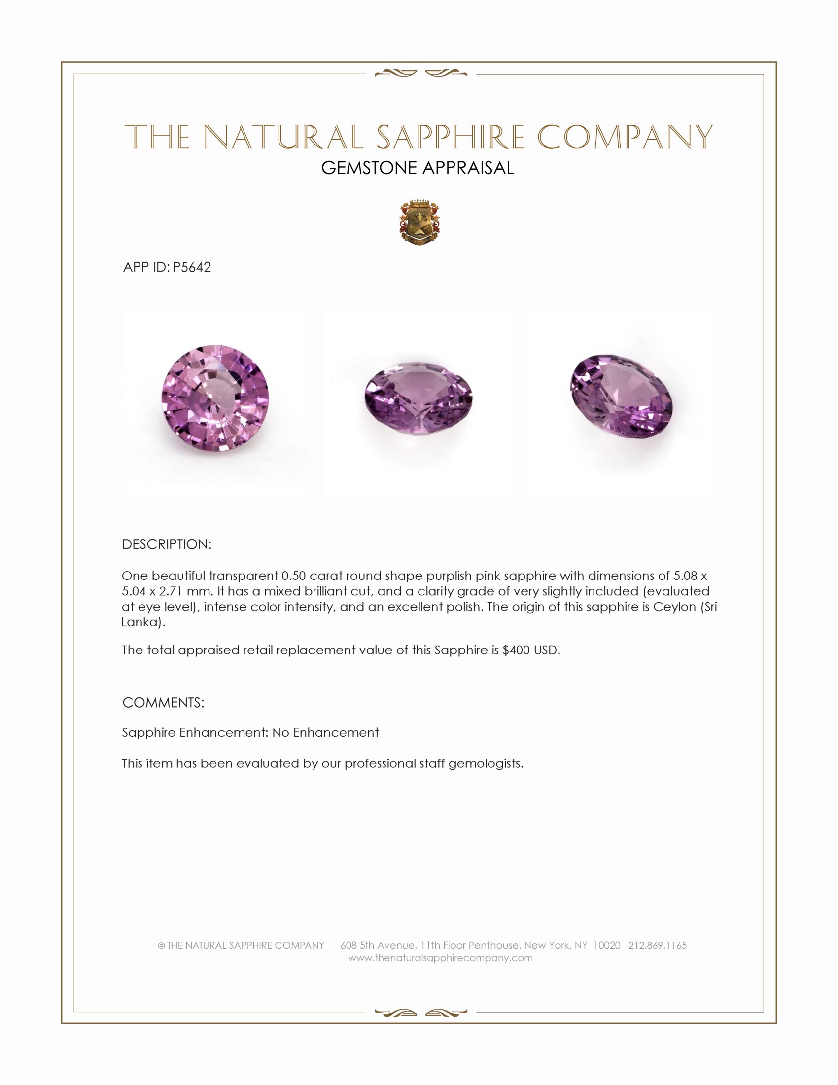 0.50 Ct. Purplish Pink Sapphire from Ceylon (Sri Lanka)