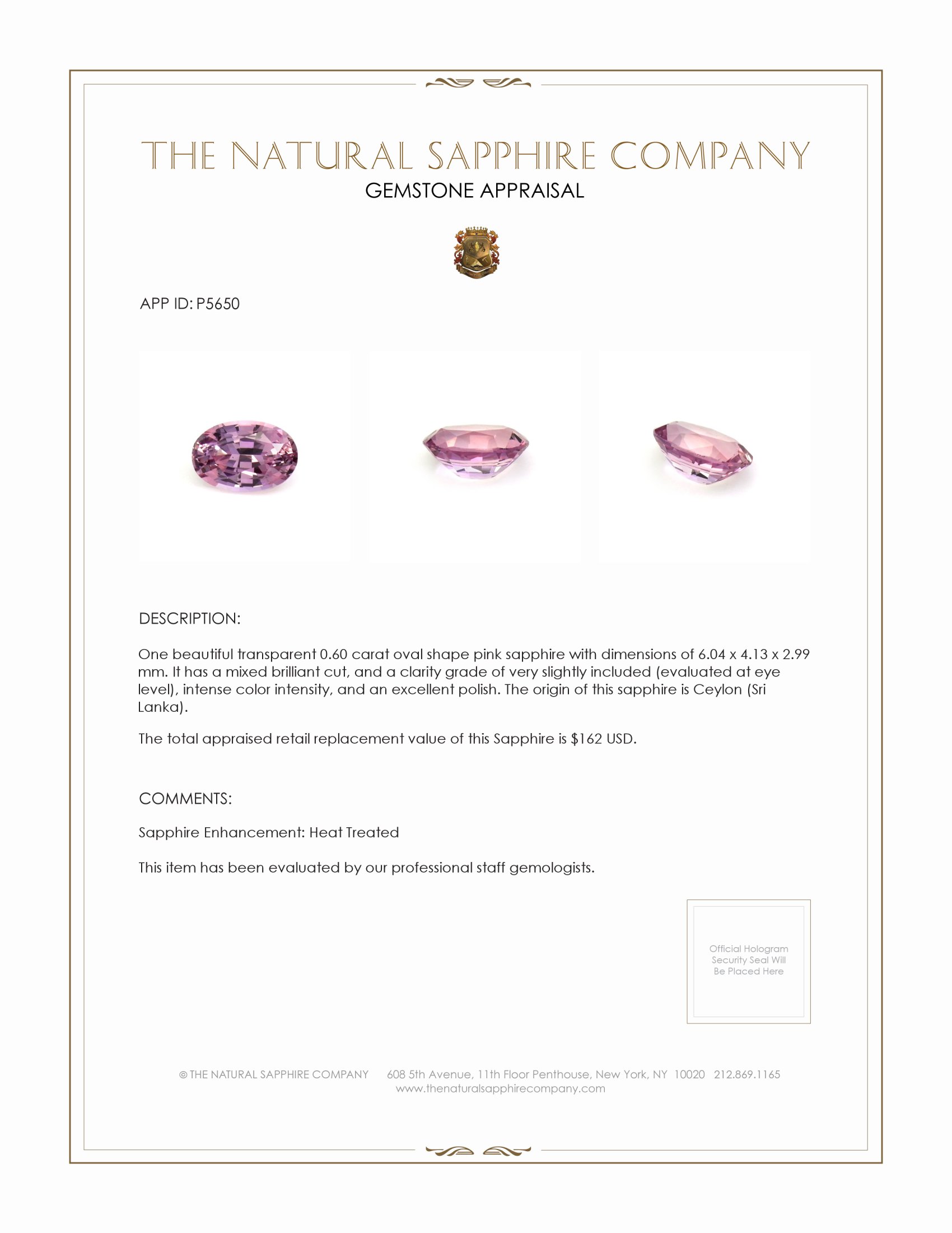 0.60 Ct. Pink Sapphire from Ceylon (Sri Lanka)