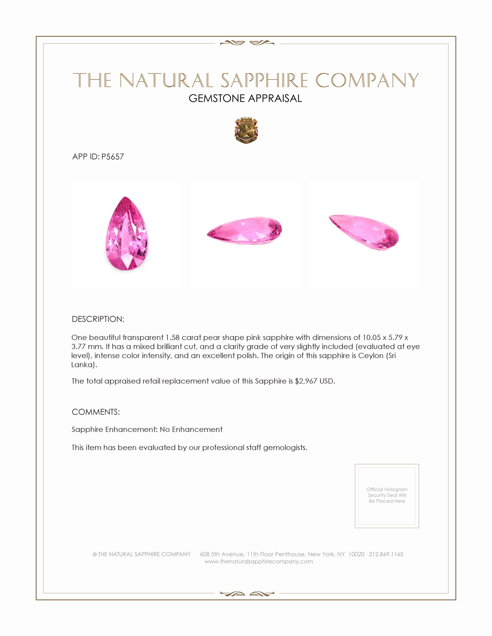 1.58 Ct. Pink Sapphire from Ceylon (Sri Lanka)